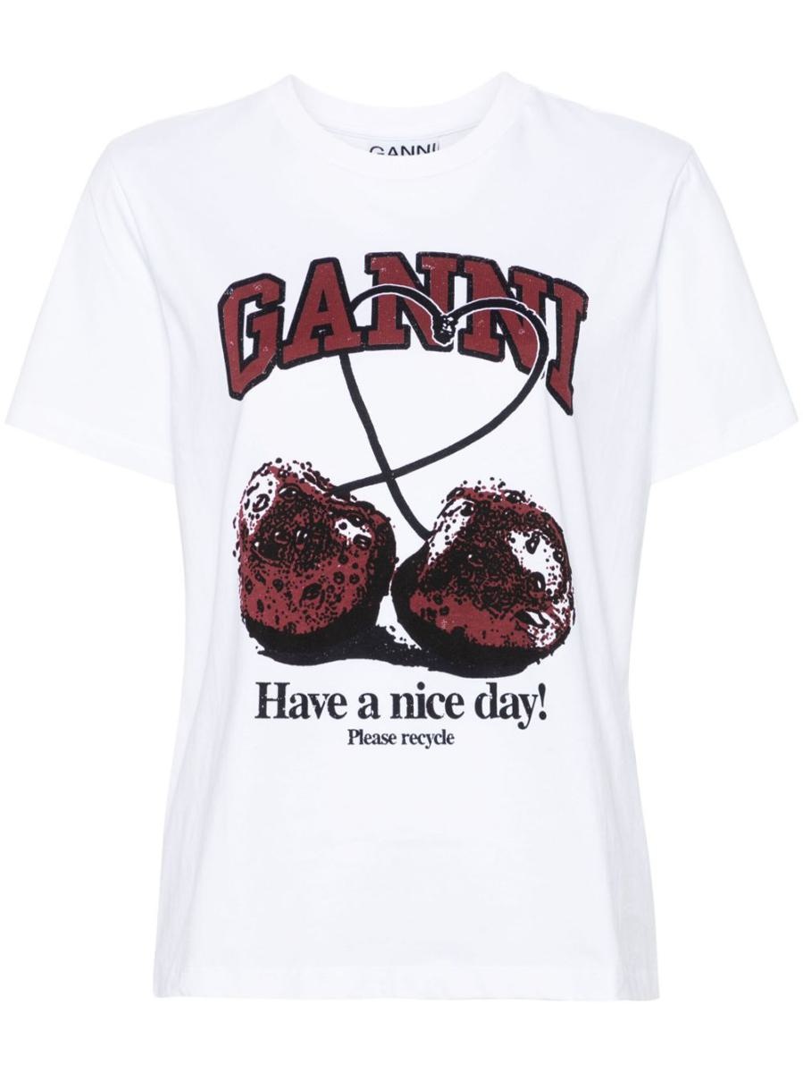GANNI GANNI CHERRY PRINT COTTON T-SHIRT | baltini | REVERSIBLE
