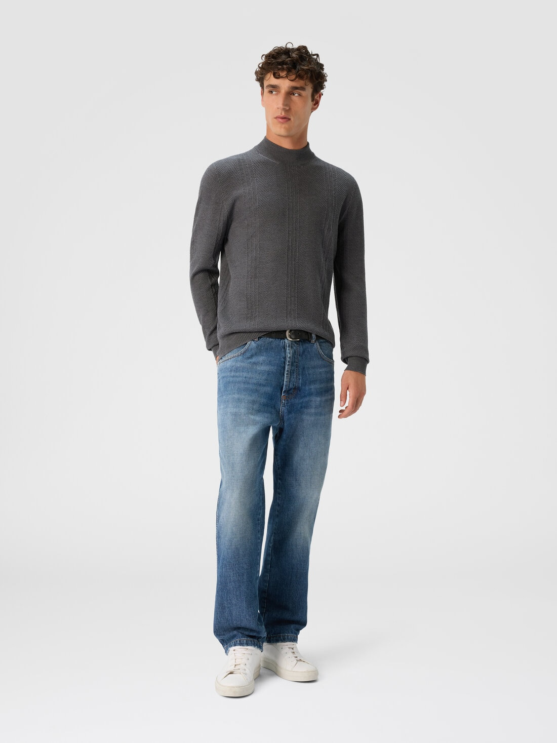 High-Neck Sweater with Tone-on-Tone Chevron Pattern - 2