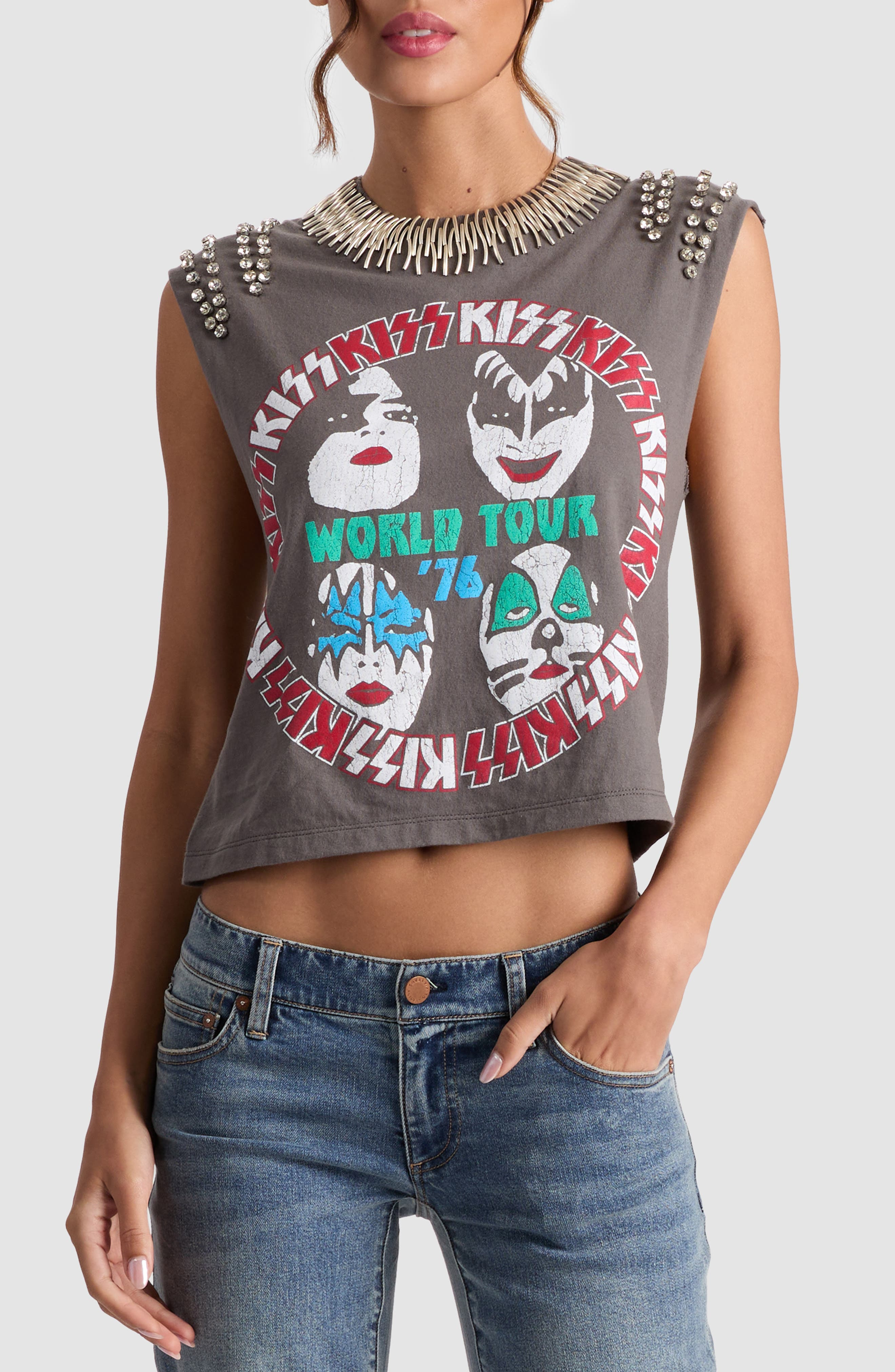 Alice + Olivia Micah Embellished Graphic Muscle Tee in Kiss World Tour at Nordstrom - 1