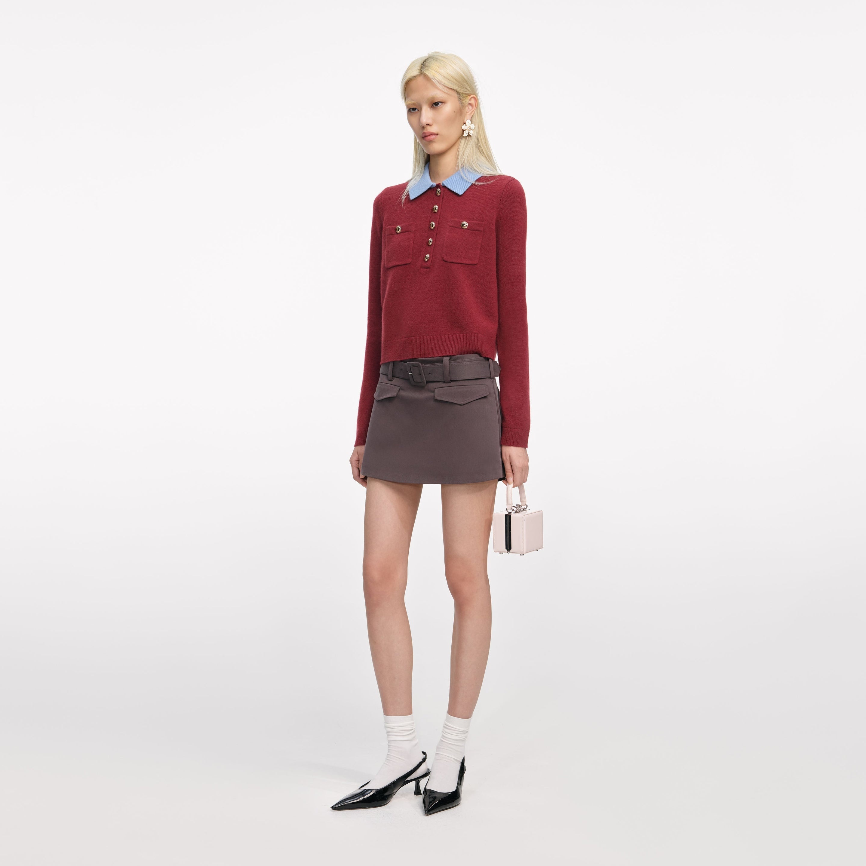 Burgundy Contrast Collar Knit Top - 2