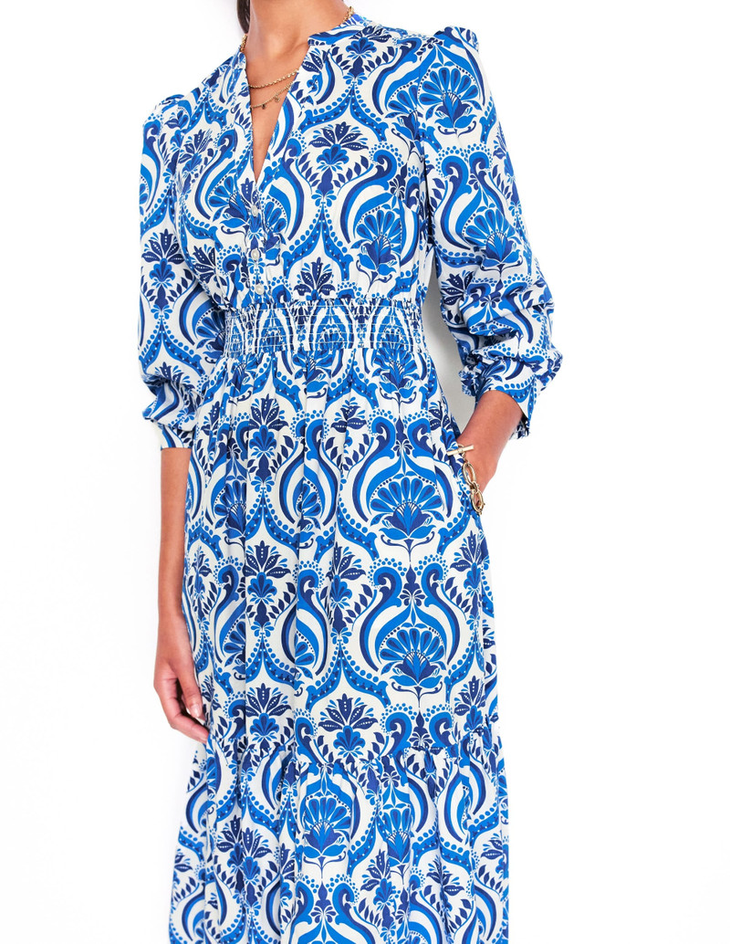 Elena Tiered Cotton Midi Dress-Blue, Ornamental Floral 3