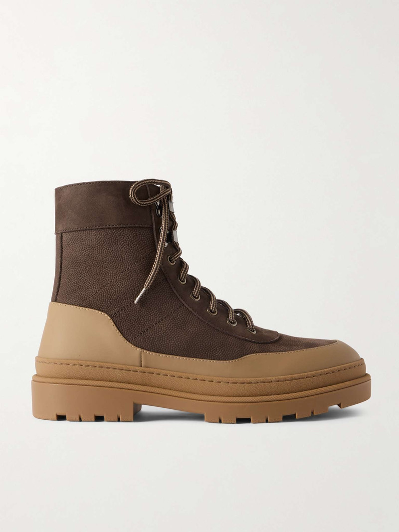 Rubber and Leather-Trimmed Pebble-Grain Nubuck and Mesh Hiking Boots 1