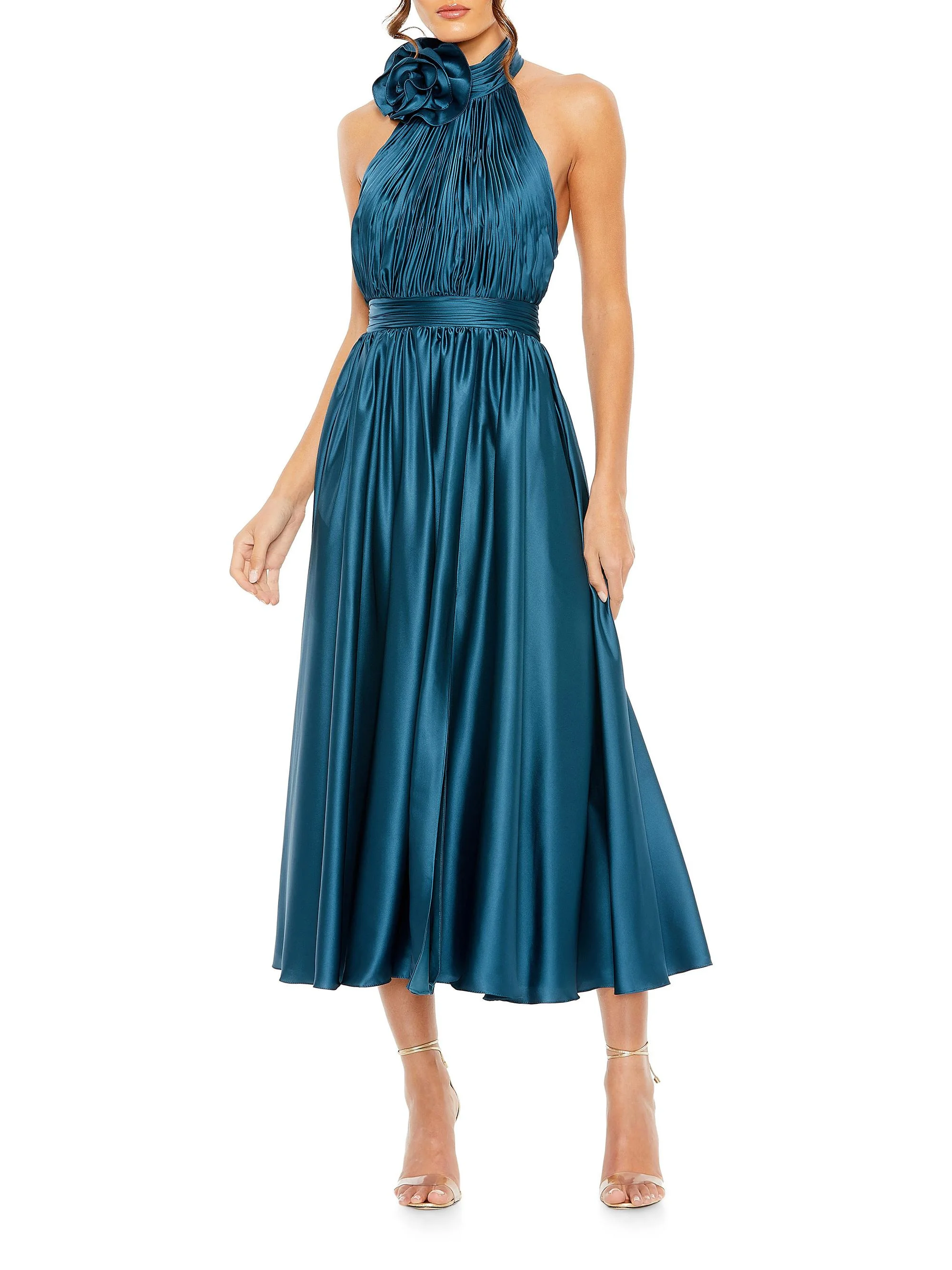 Women's Satin Halter Rosette Midi-Dress - Ocean - 1