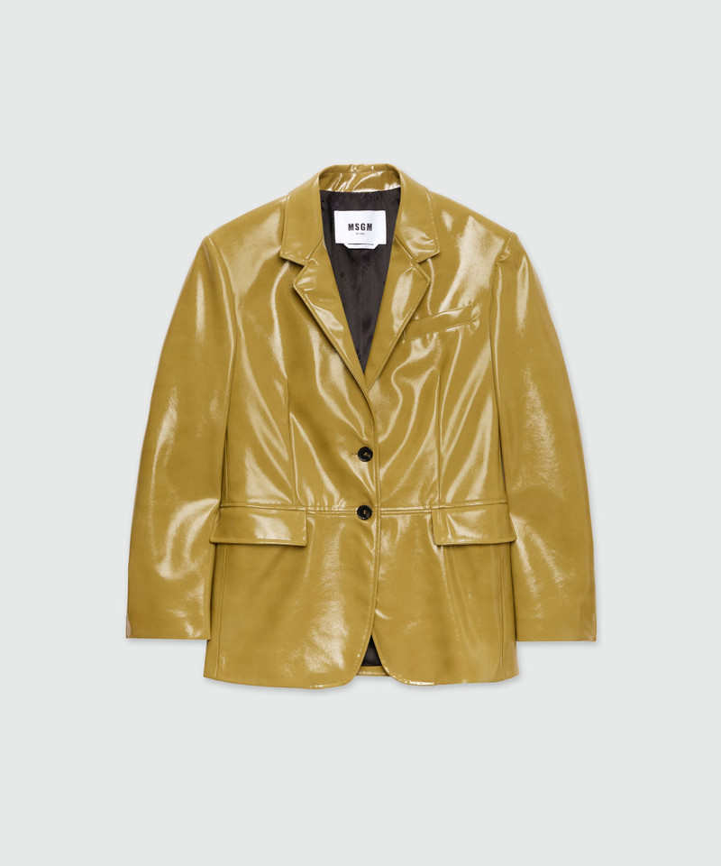 Olive green single-breasted vinyl jacket 1