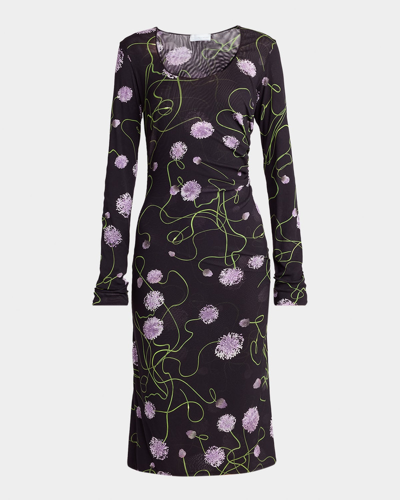 Twisted Flower-Print Ruched Mesh Long-Sleeve Dress 1