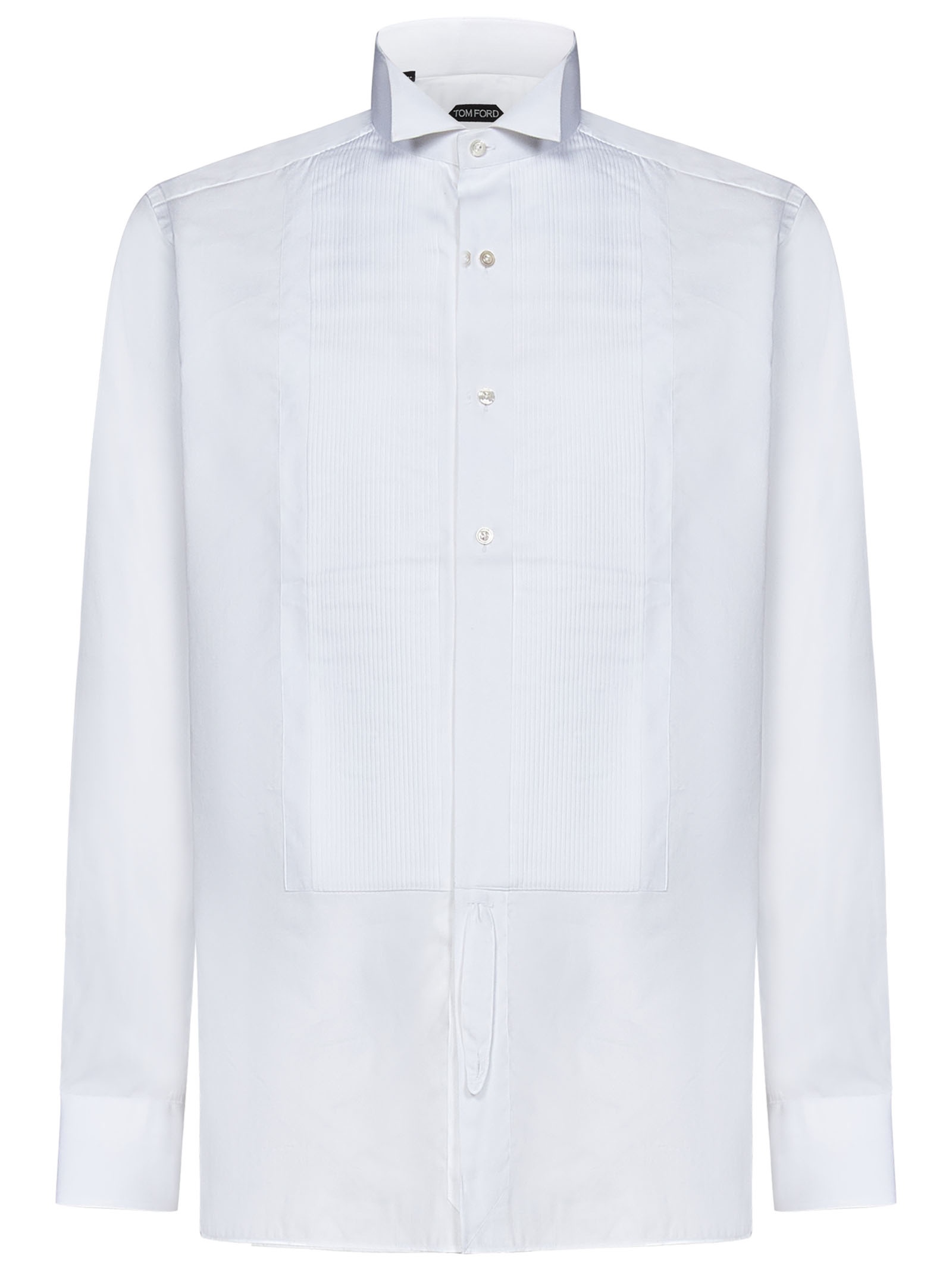 Optical white cotton and silk tuxedo shirt with pleated plastron and wing collar. - 1