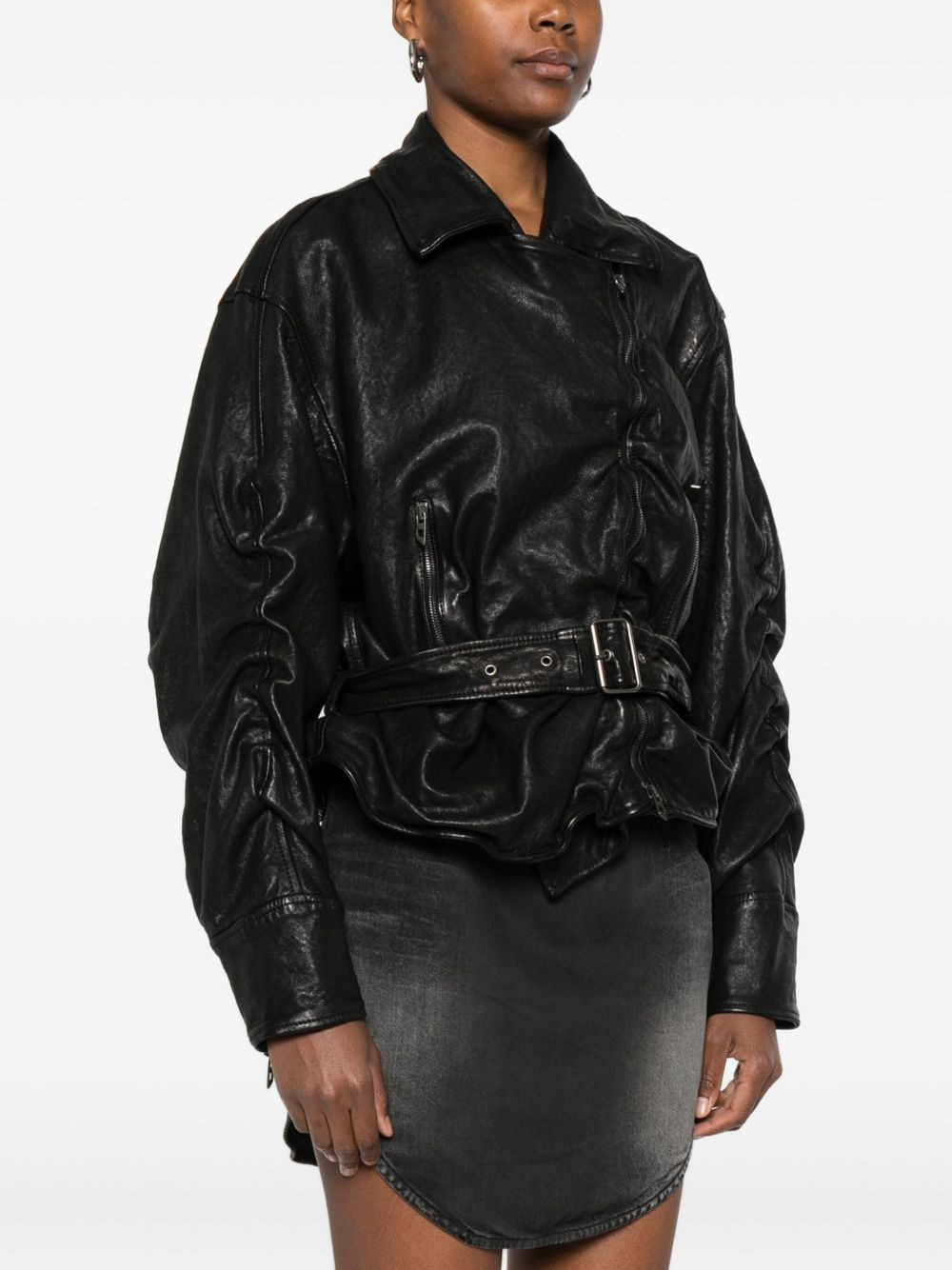 asymmetric-zip belted leather jacket - 3