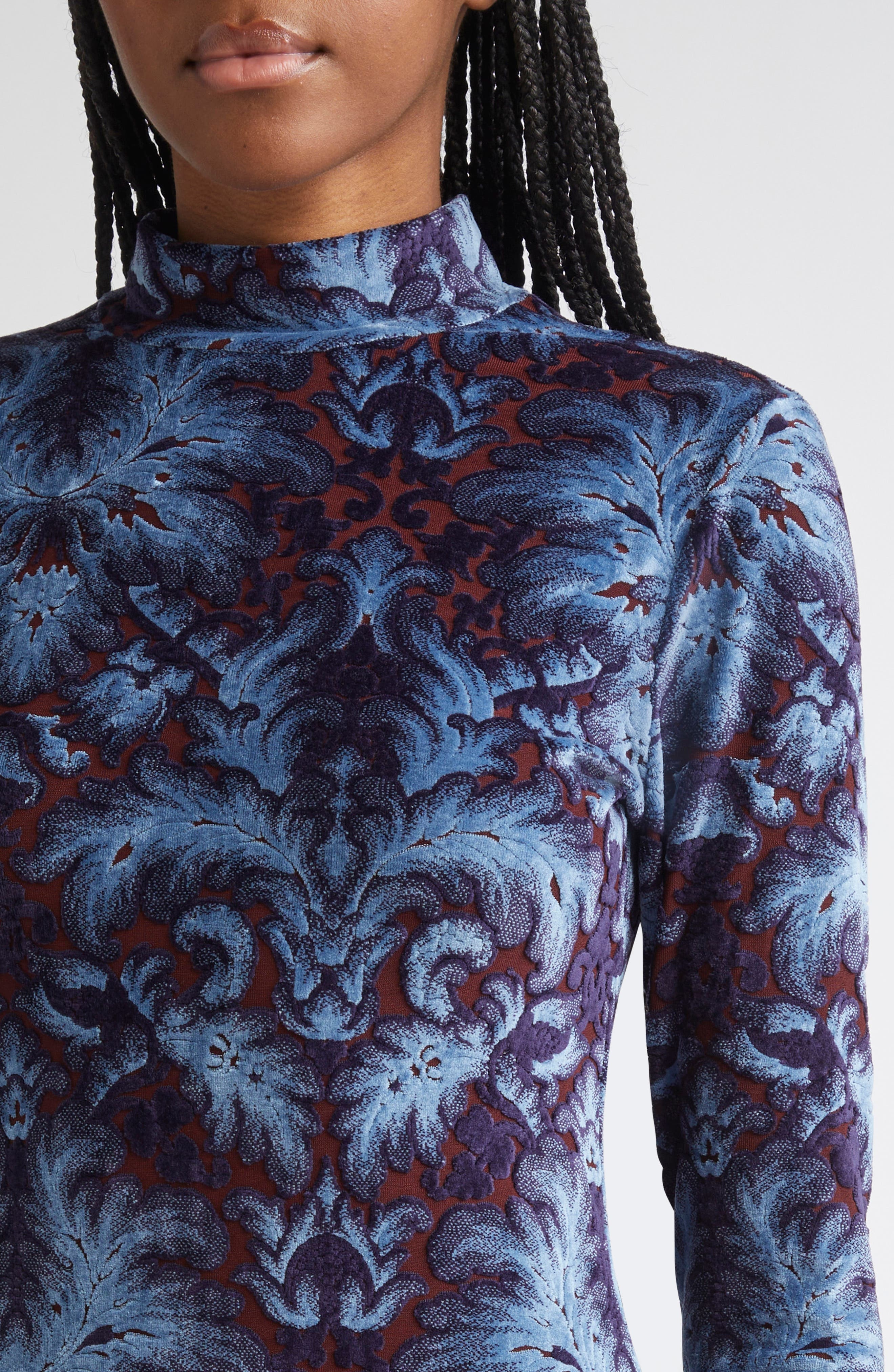 Etro Paisley Burnout Long Sleeve Jersey Dress in Multicolor Blue Base at Nordstrom - 4