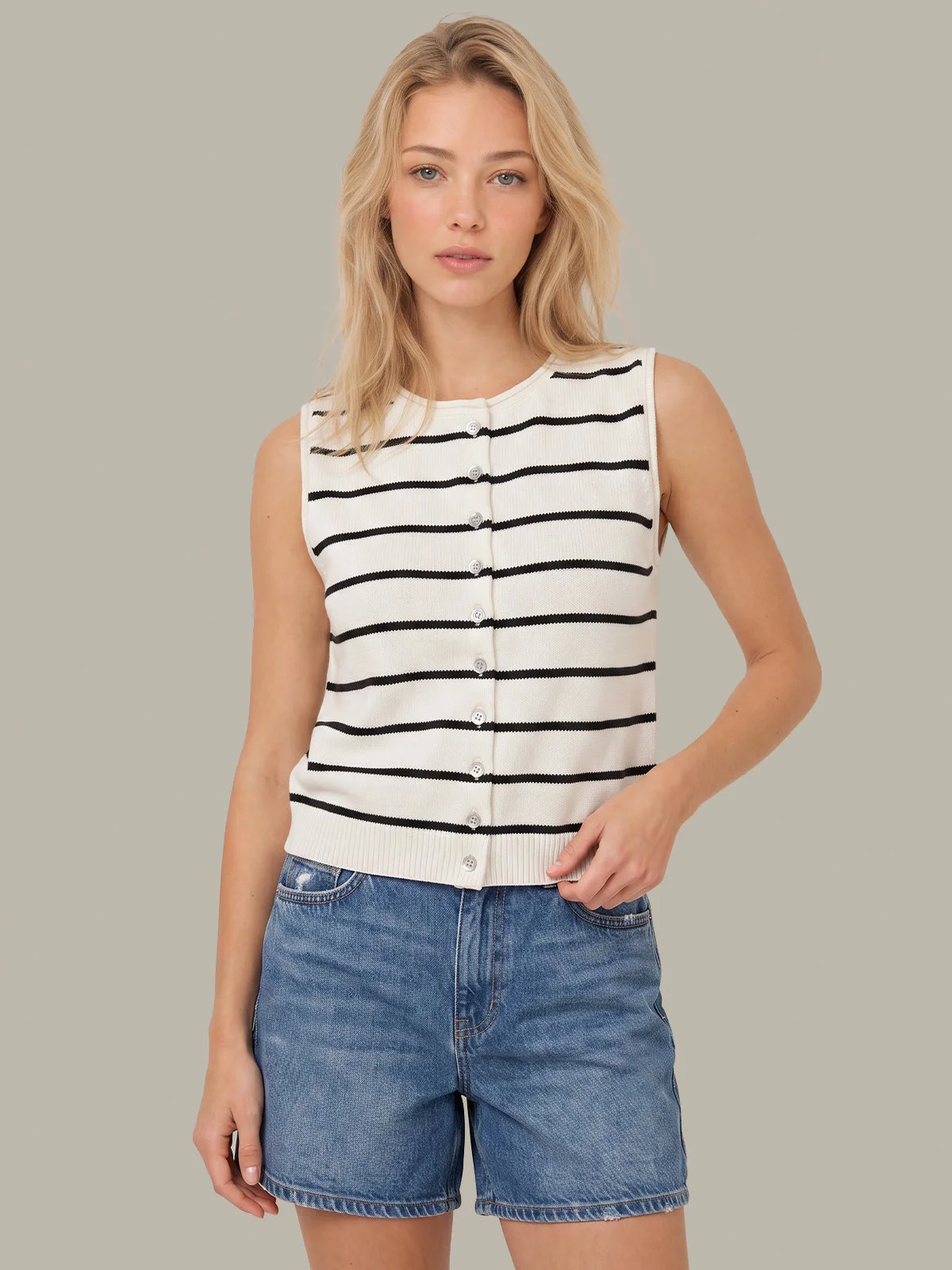 Cotton Stripe Button Front Vest - 1