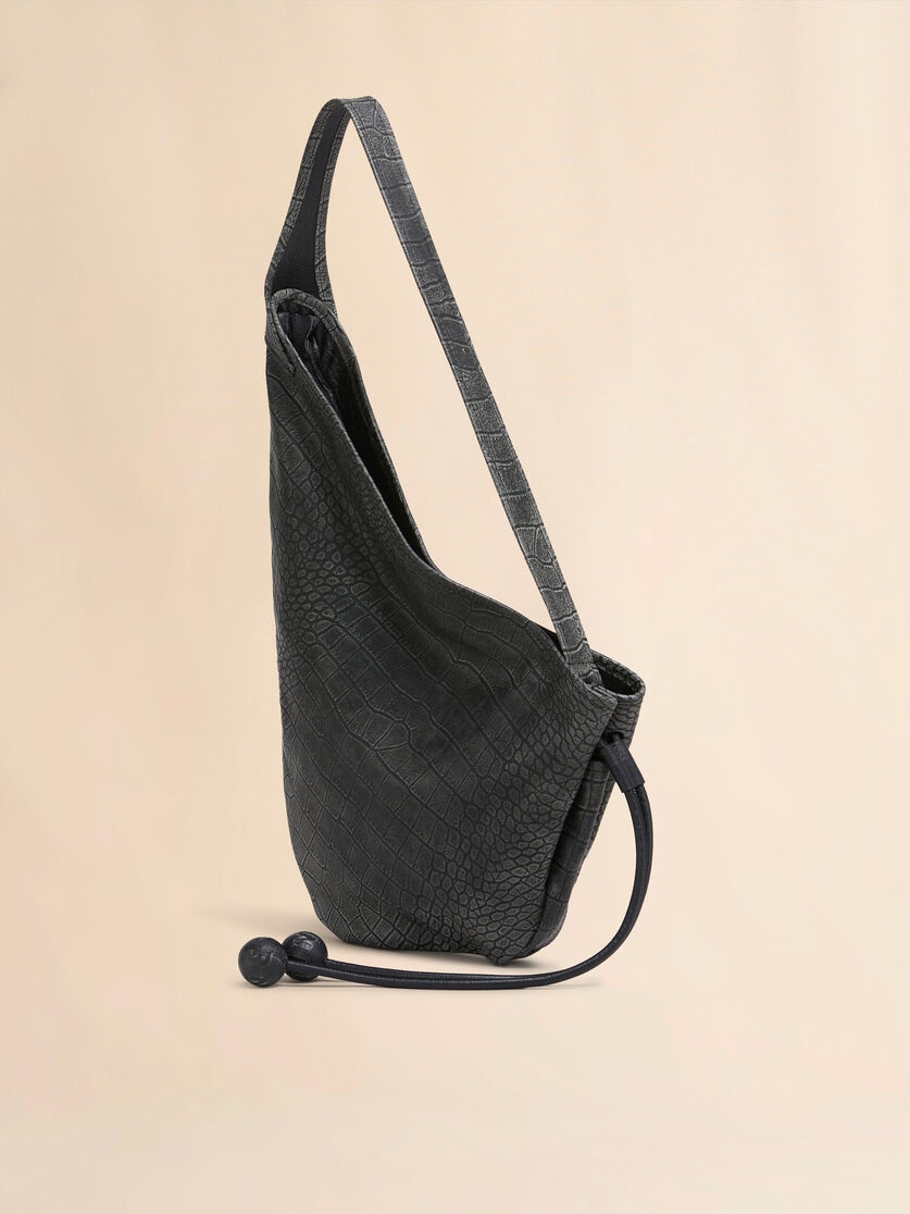 SMALL BLACK CROCODILE PRINT HOBO BAG - 2