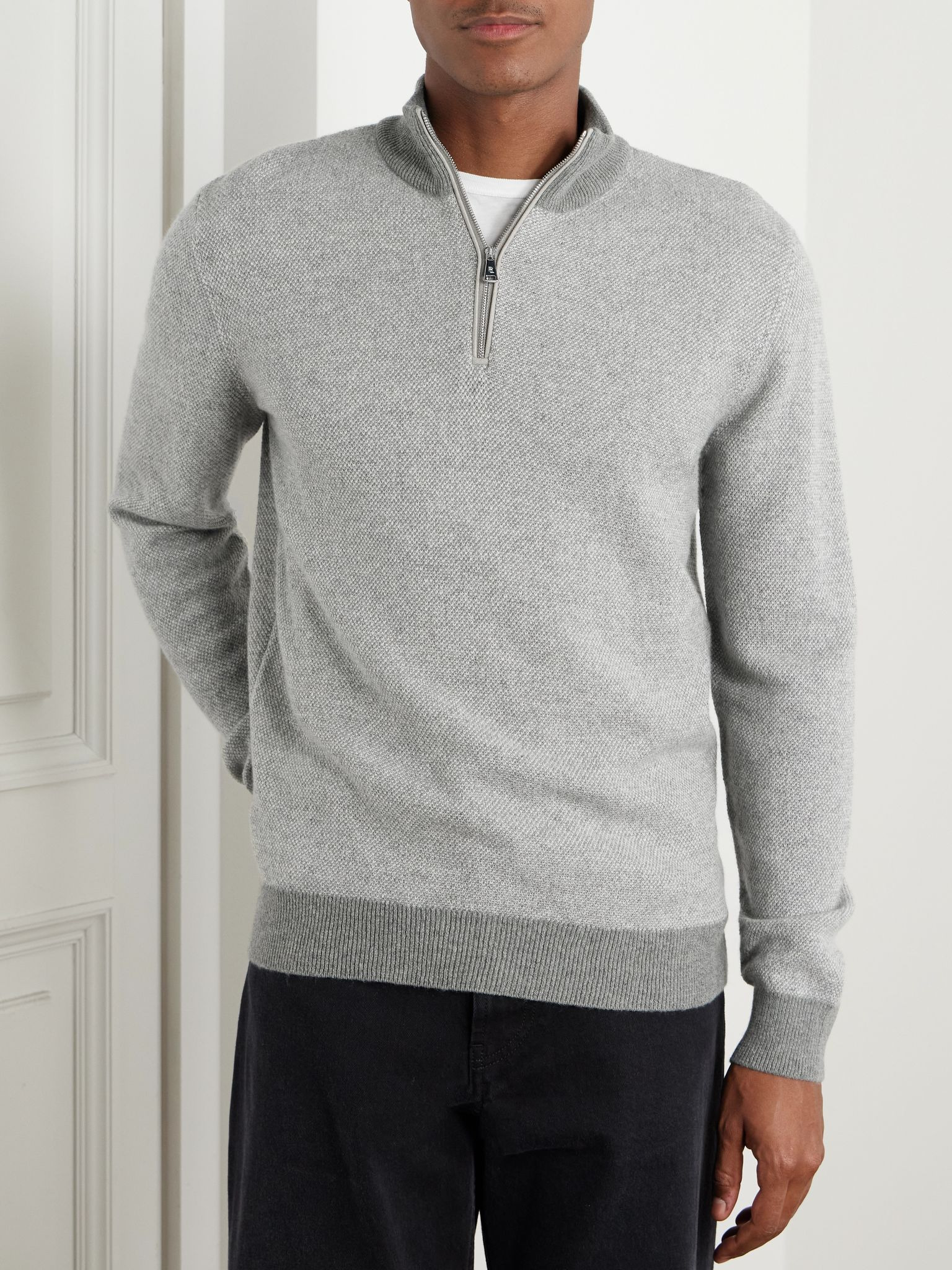 Slim-Fit Suede-Trimmed Cashmere Half-Zip Sweater Gray - 3