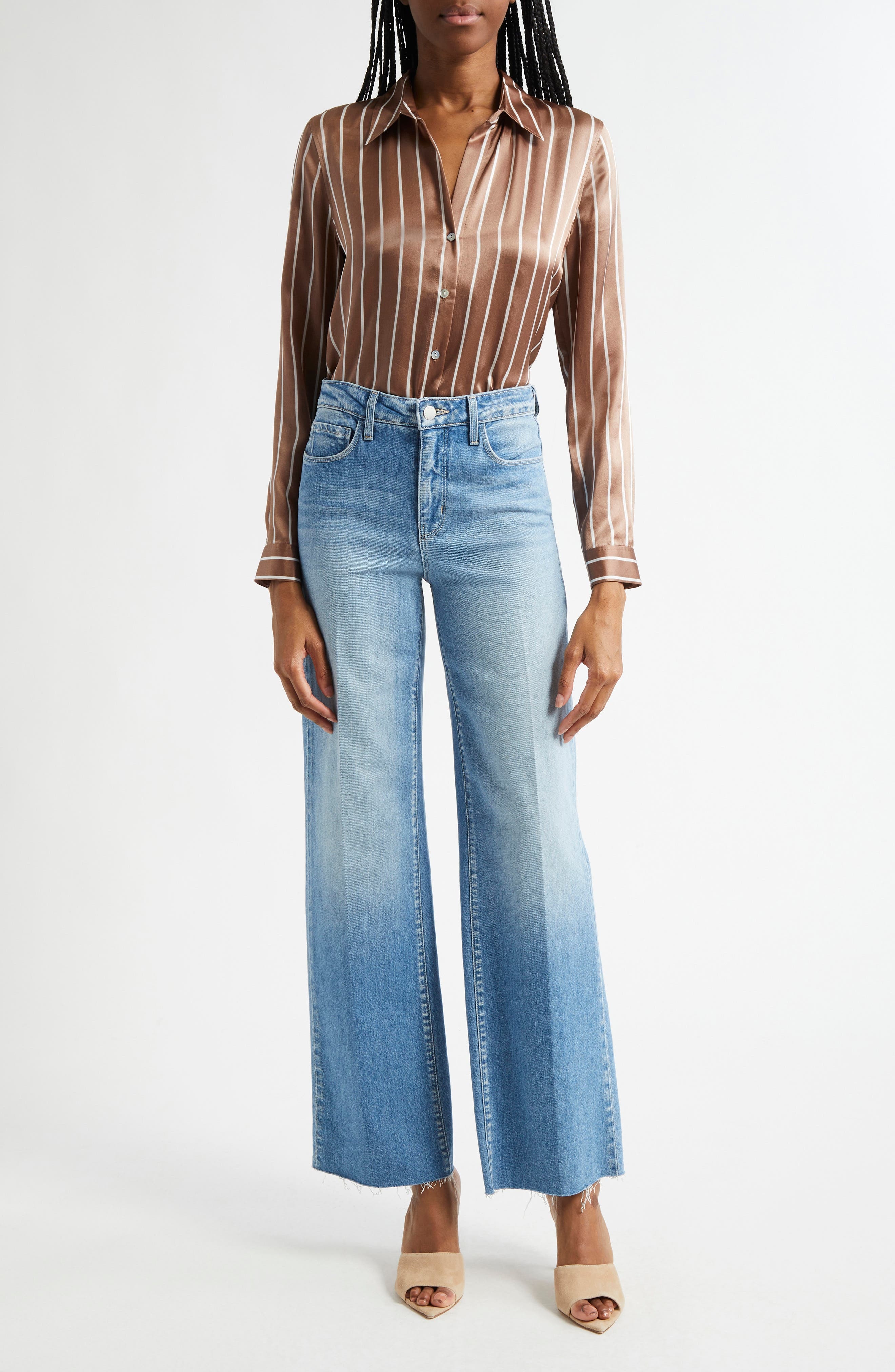 L'AGENCE Tyler Stripe Silk Button-Up Shirt in Chocolate Malt/Ecru Stripe at Nordstrom - 2