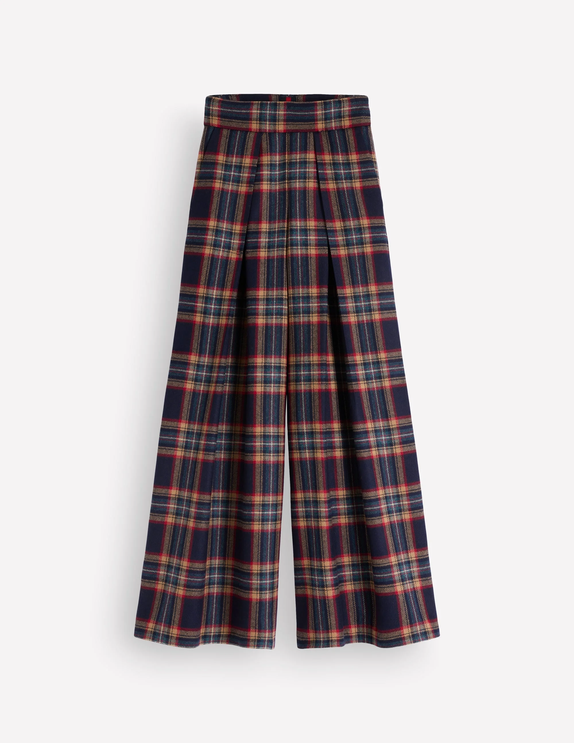 Wool Blend Pleated Culottes-Navy, Camel Check - 1