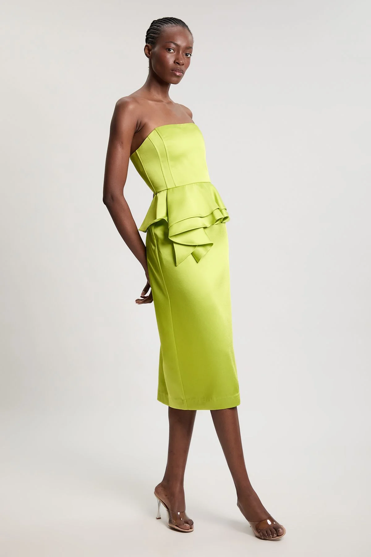 karen millen satin pencil dress KAREN MILLEN Bonded Satin Peplum Pencil Woven Midi Dress - BKK28929-194