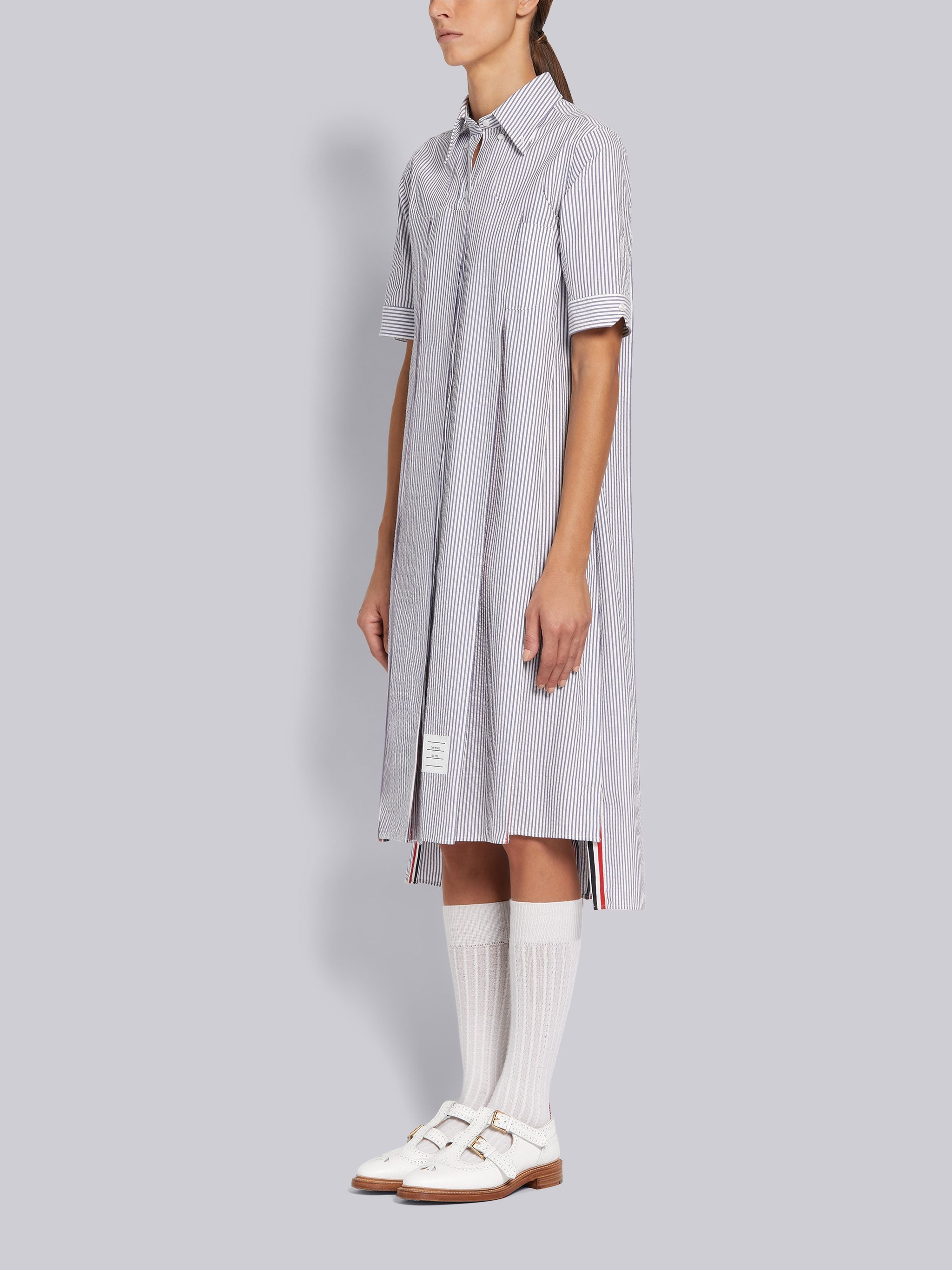 Navy Cotton Seersucker Combo Inverted Pleat Below Knee Short Sleeve Shirtdress - 2