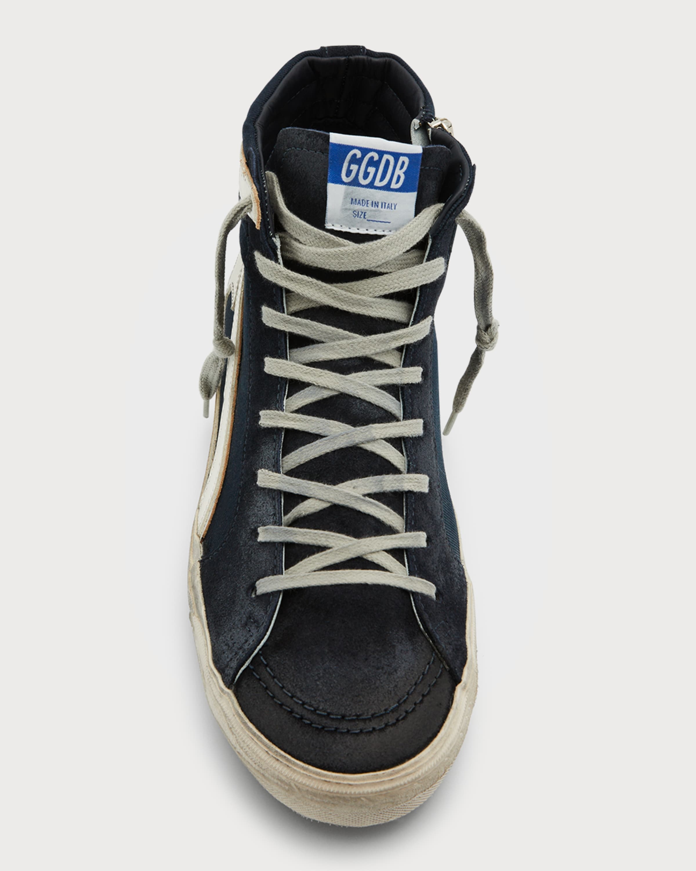 Men's Distressed Denim & Leather High-Top Sneakers - 5