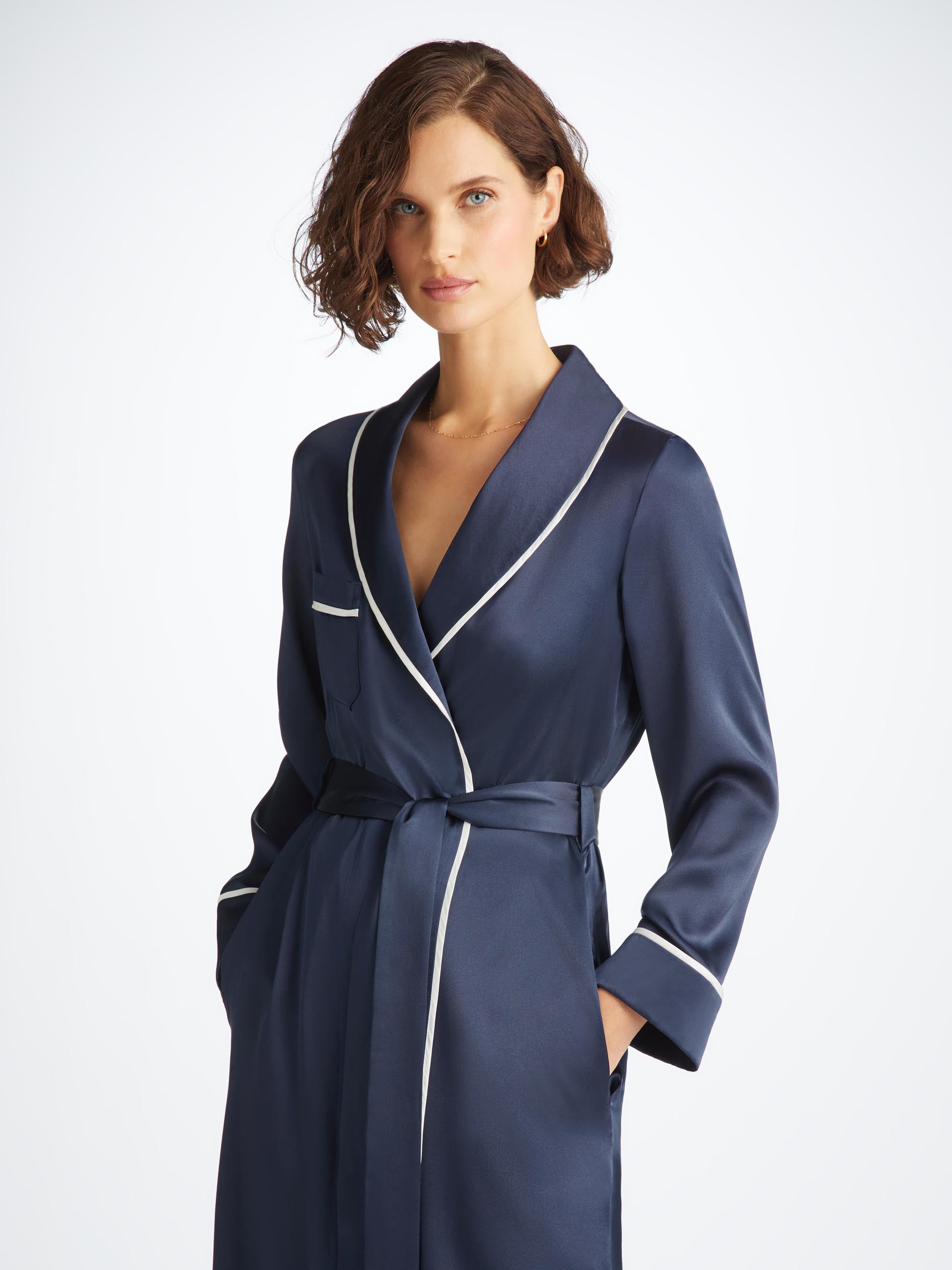 Women's Long Dressing Gown Bailey Silk Satin Navy - 3