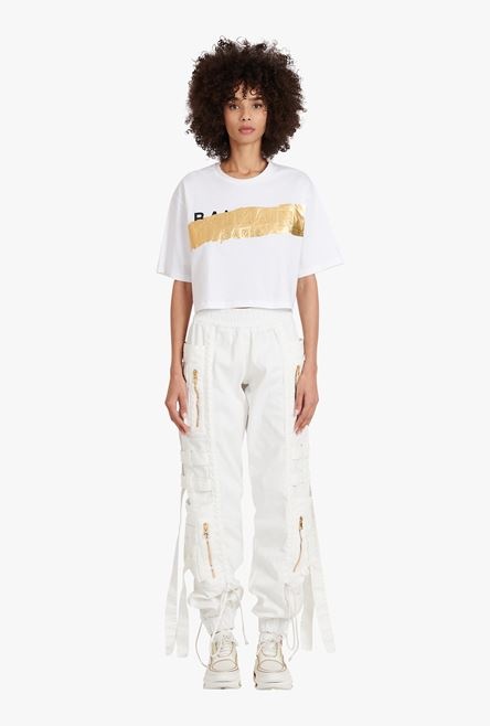 Cropped white cotton T-shirt with gold-tone Balmain logo - 4