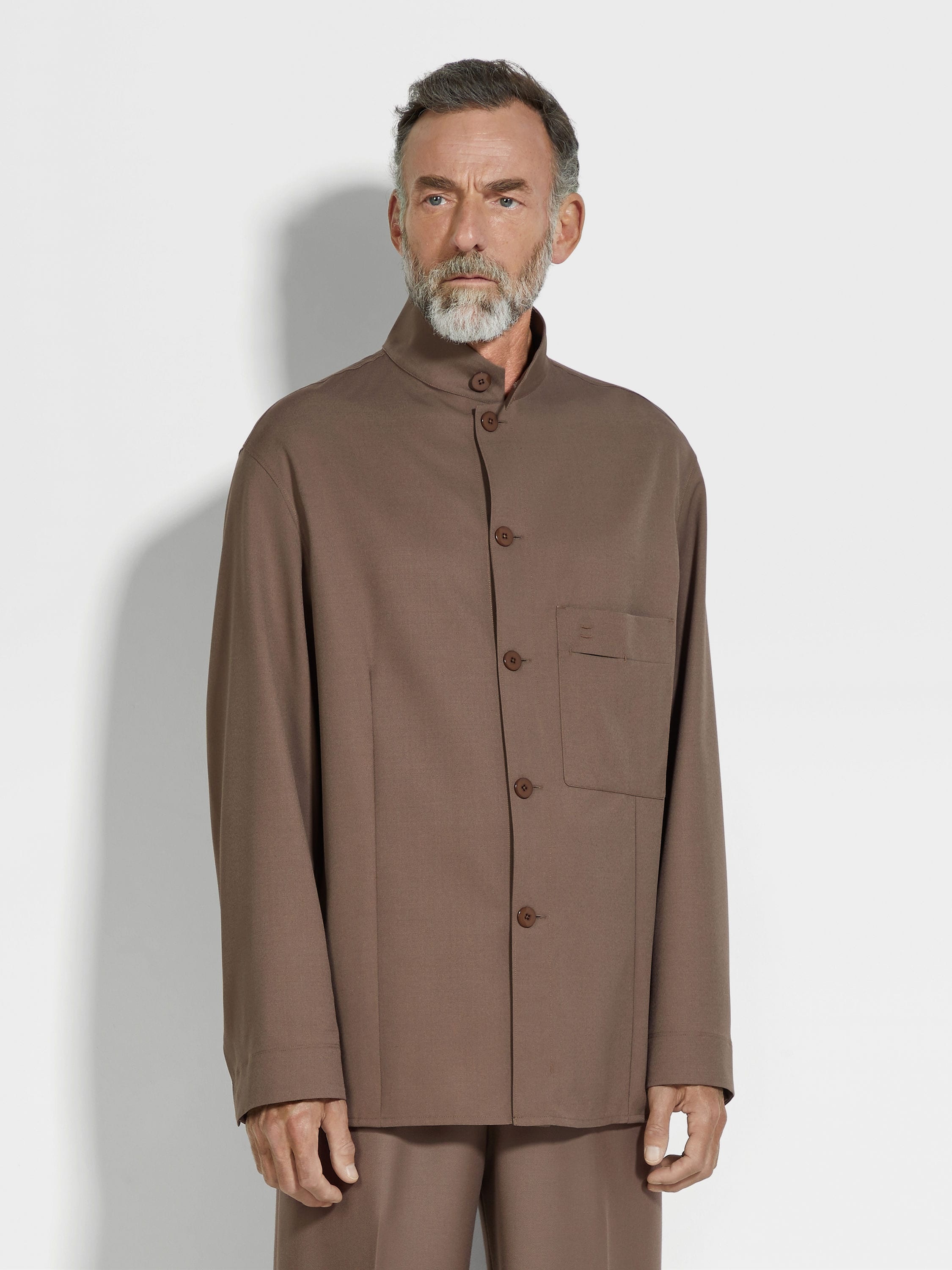 DARK TAUPE SILK AND WOOL OVERSHIRT - 4