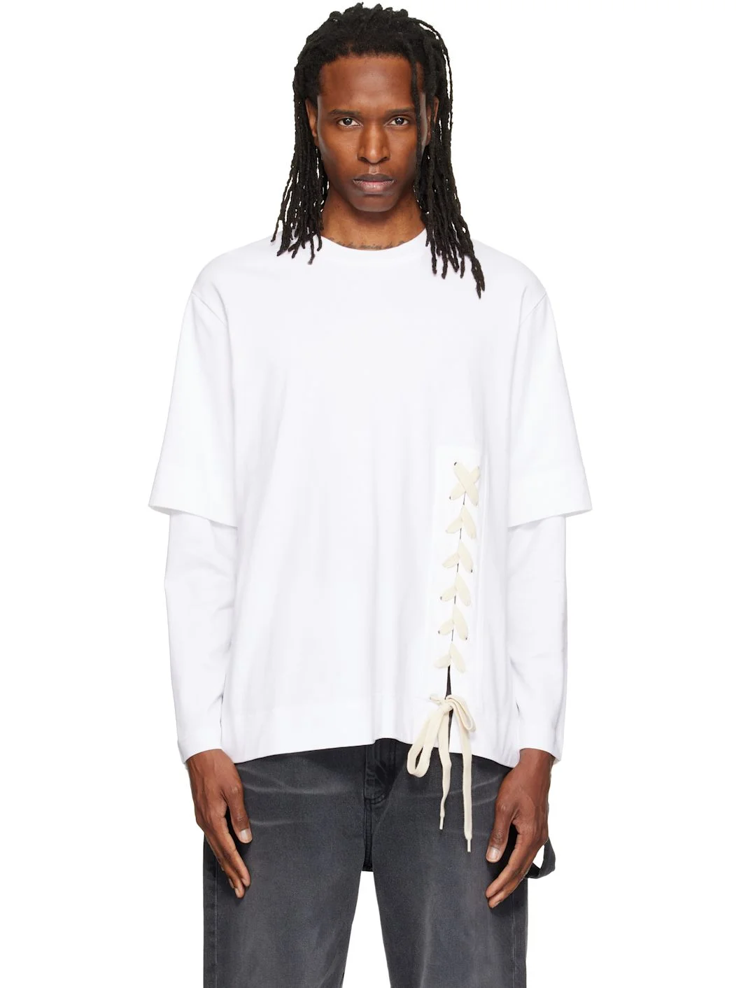 White Lace Up Hem Layered Long Sleeve T-shirt - 1