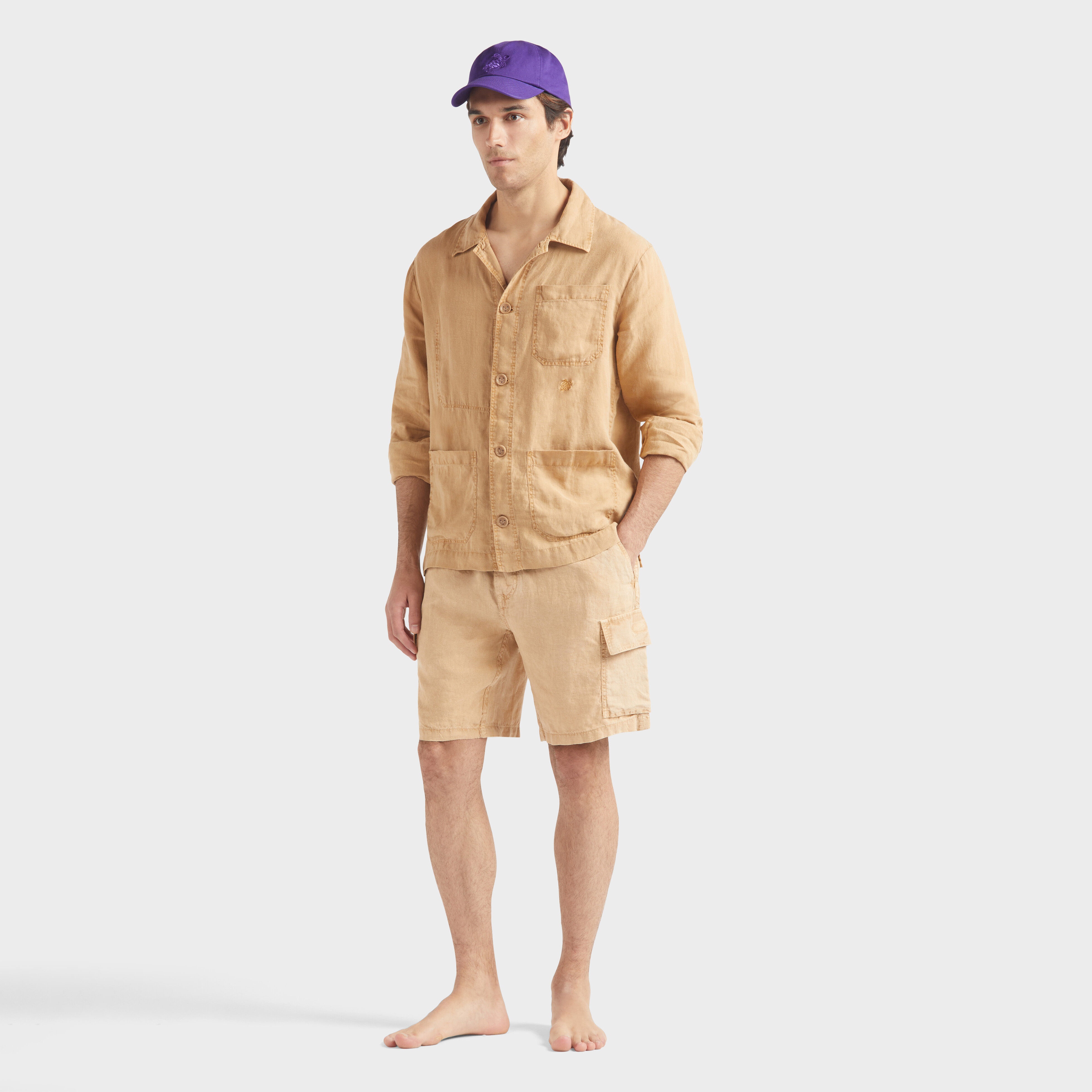 Men Linen Bermuda Shorts Cargo Pockets Natural Dye - 5