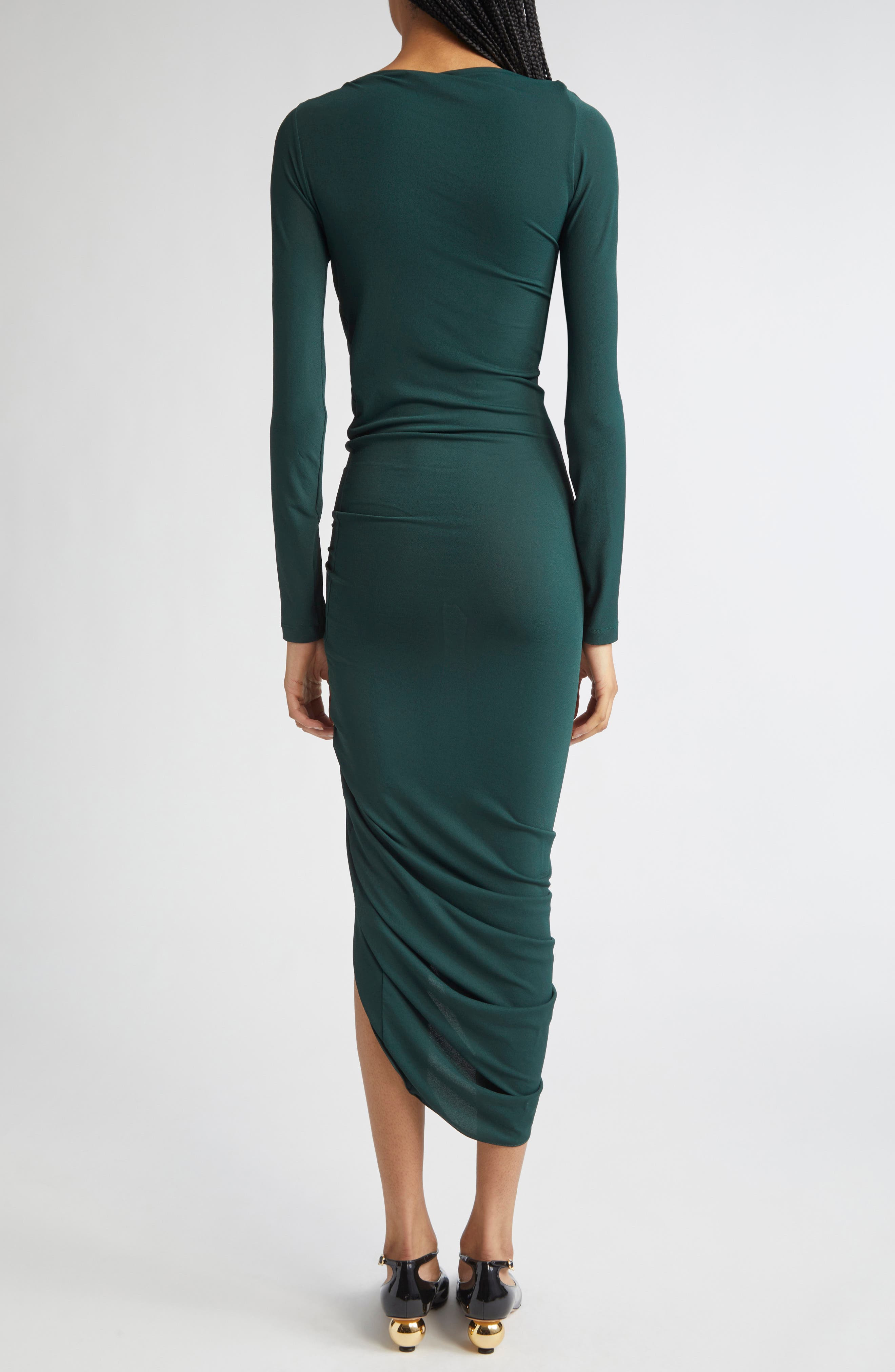 FERRAGAMO Side Ruched Asymmetric Long Sleeve Jersey Dress in Moss at Nordstrom - 2
