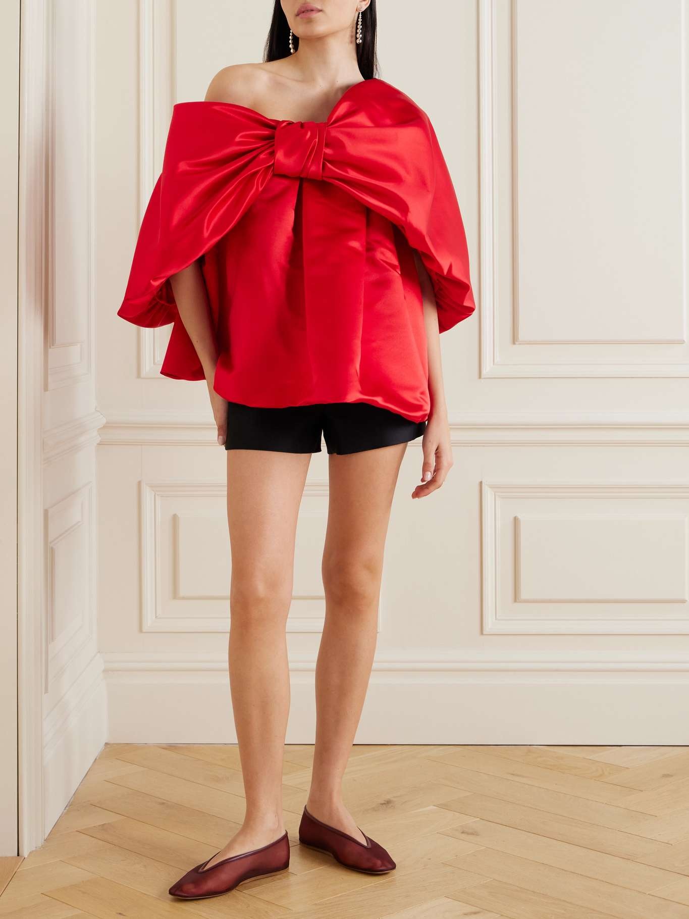 Off-the-shoulder bow-embellished satin blouse - 2