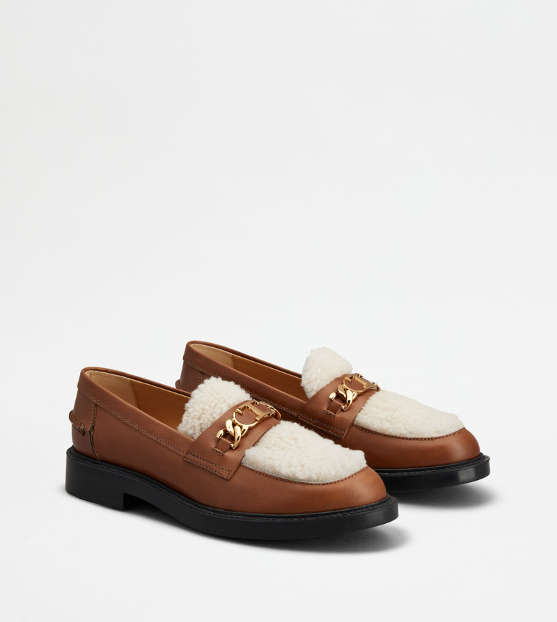 LOAFERS IN LEATHER AND SHEEPSKIN - BROWN, OFF WHITE 3