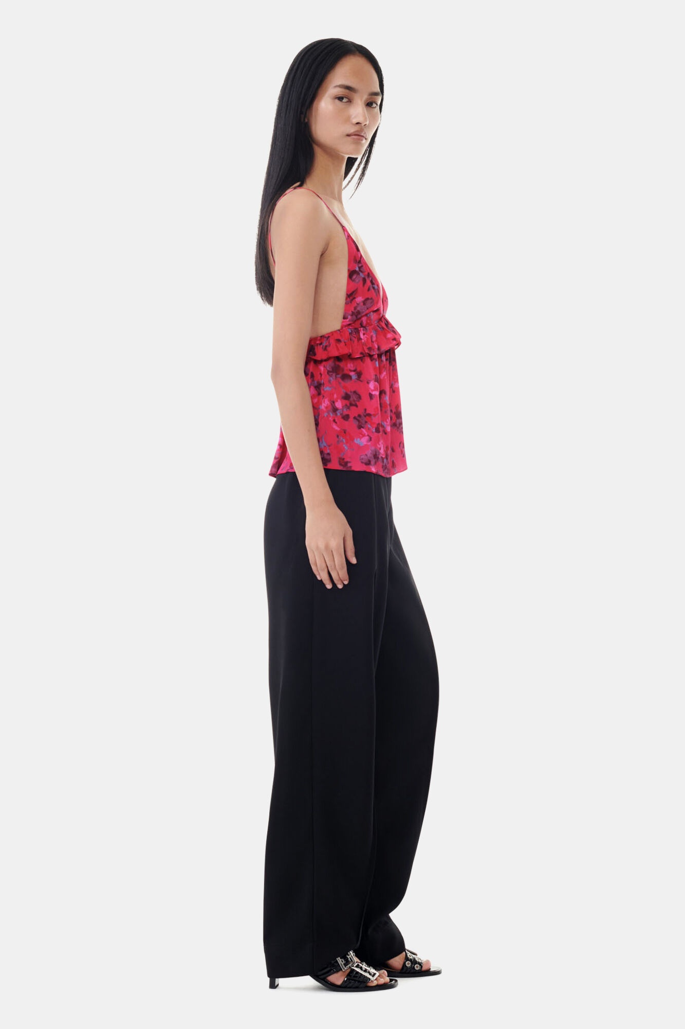 PINK FLORAL PRINTED SATIN STRAP TOP - 4