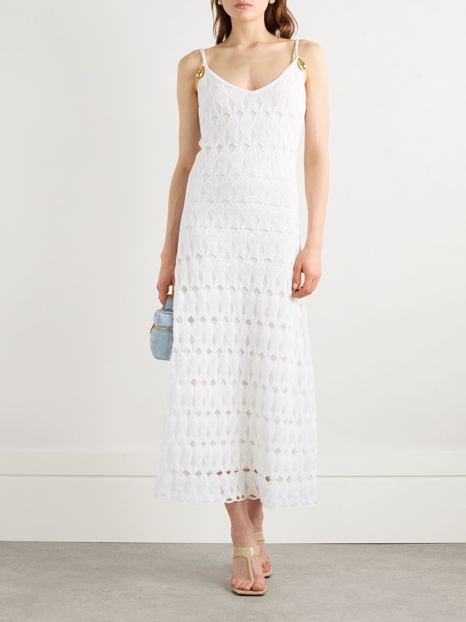 Embellished open-knit cotton and silk-blend midi dress Off-white - 2