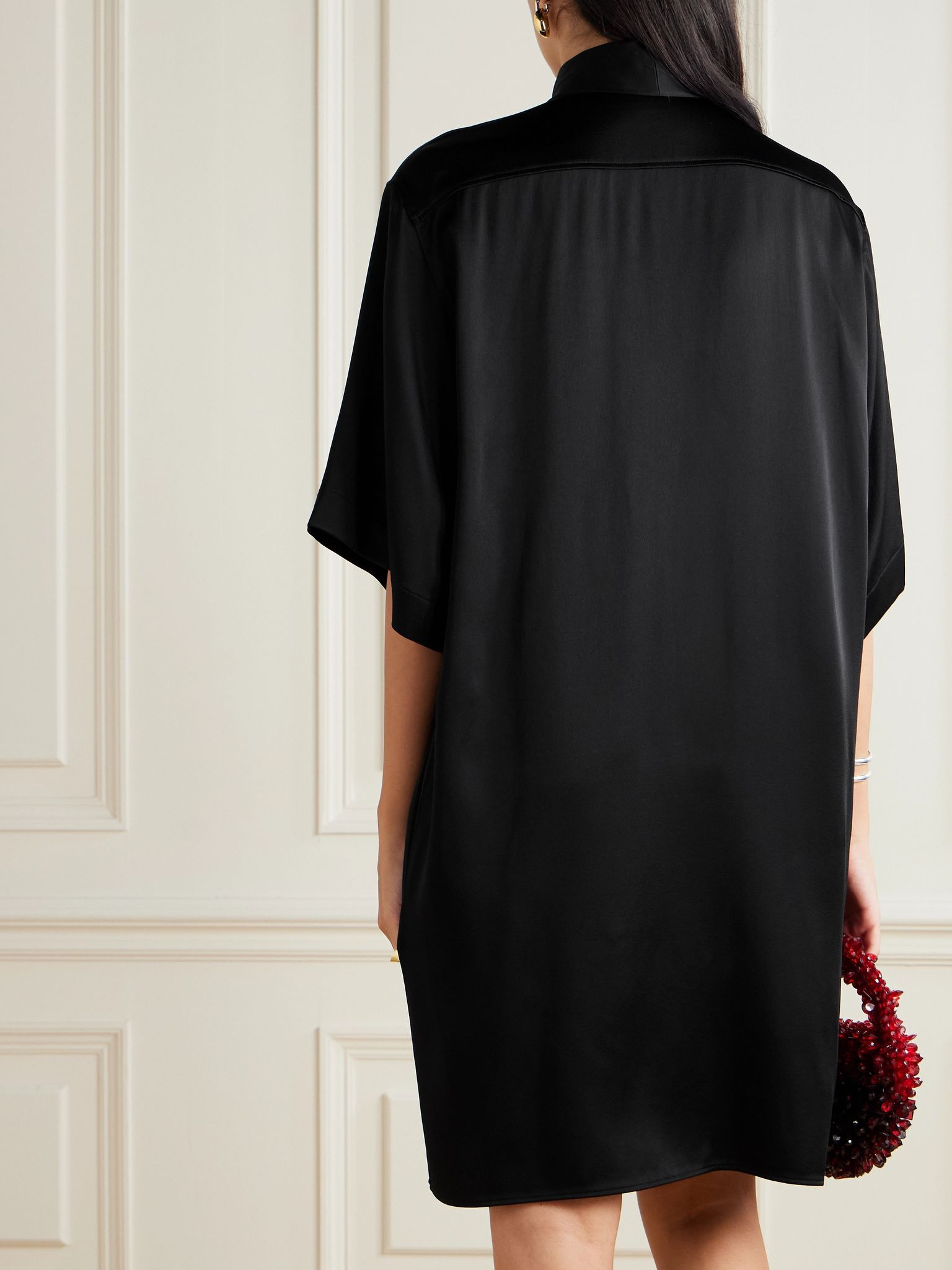 Tie-neck satin-crepe mini dress Black - 3