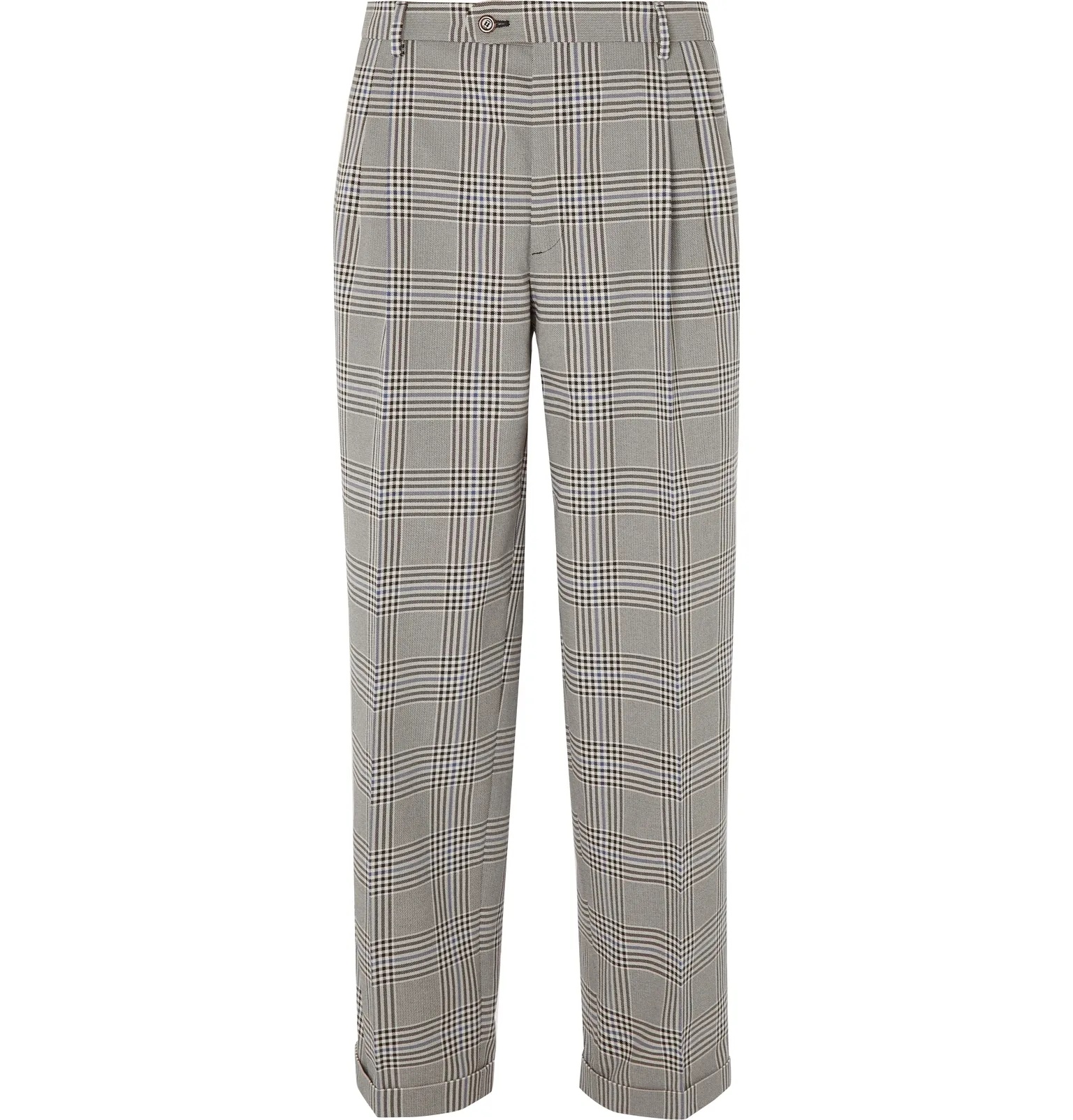 Grey Pleated Prince of Wales Checked Cotton Trousers - 1