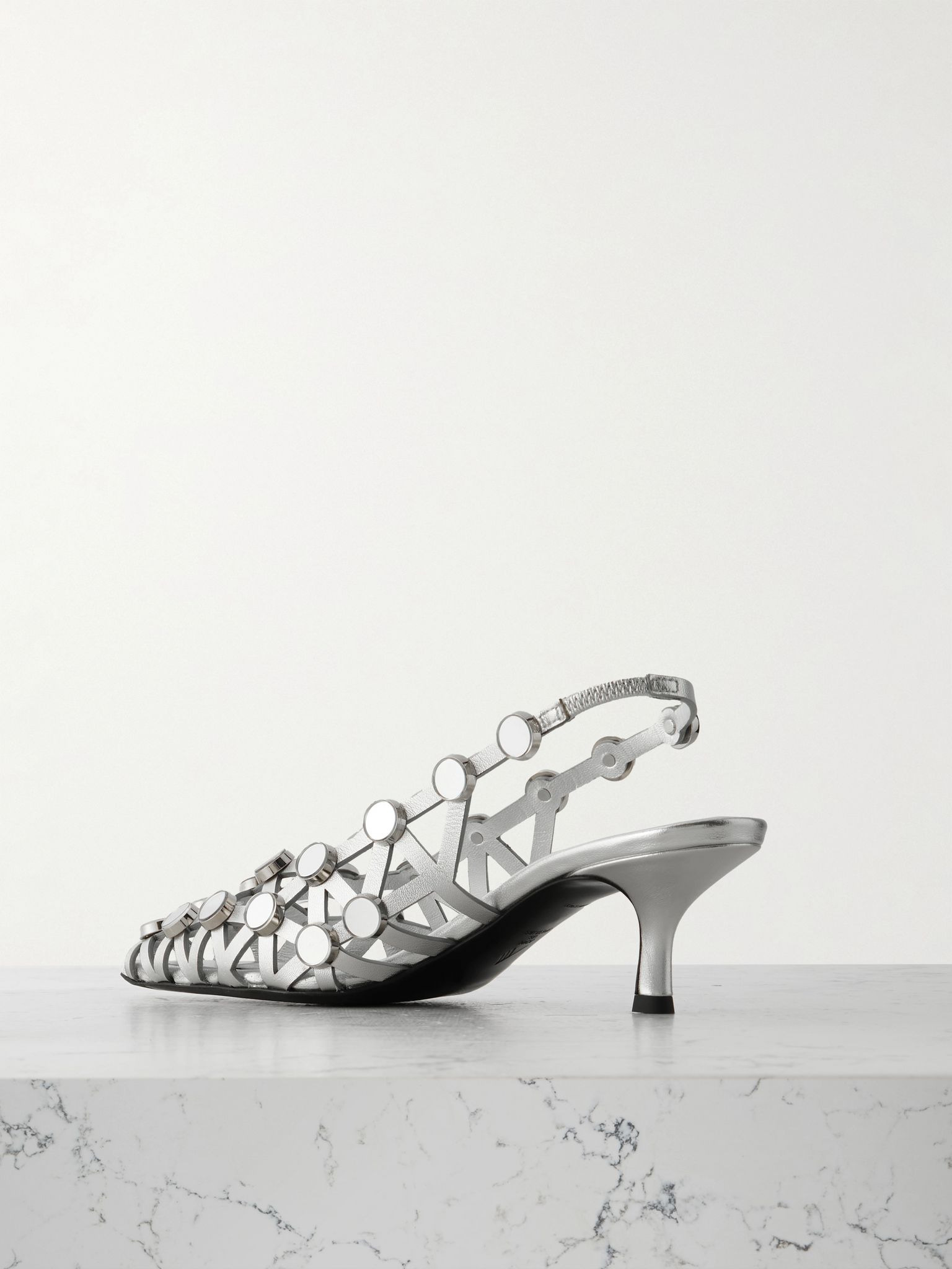 Grid studded metallic leather slingback pumps Silver - 3