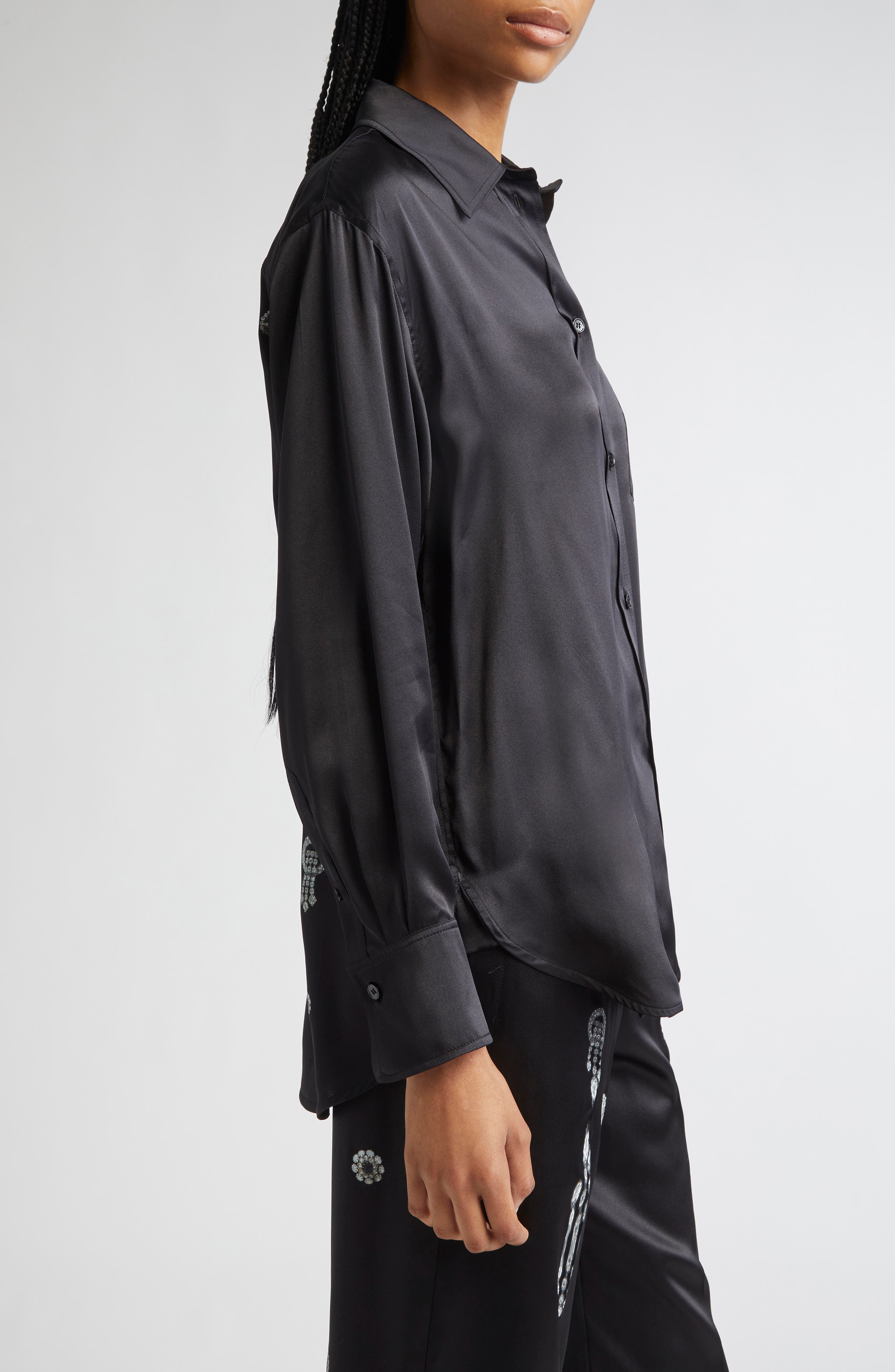 Victoria Beckham Crystal Print Silk Pajama Shirt in Black at Nordstrom - 3