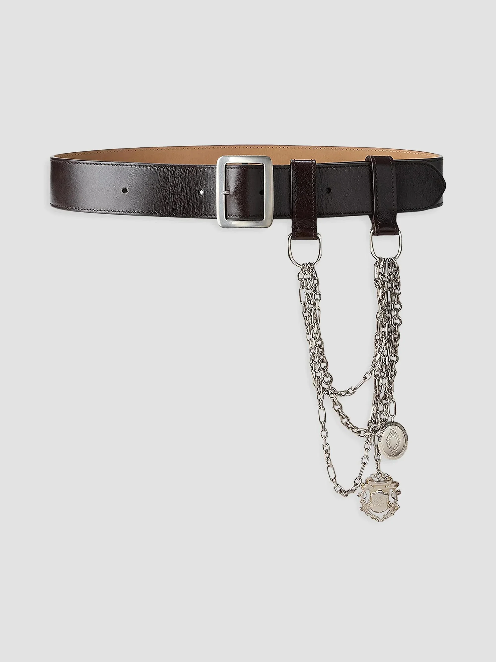 Women's Chain-Trim Washed Leather Wide Belt - Luggage Brown Antique Silver Brown - 1