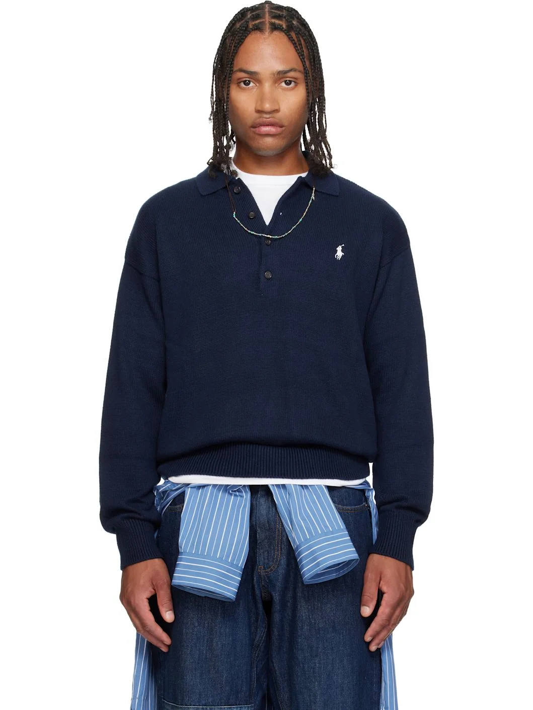 Navy Cotton Long Sleeve Polo - 1