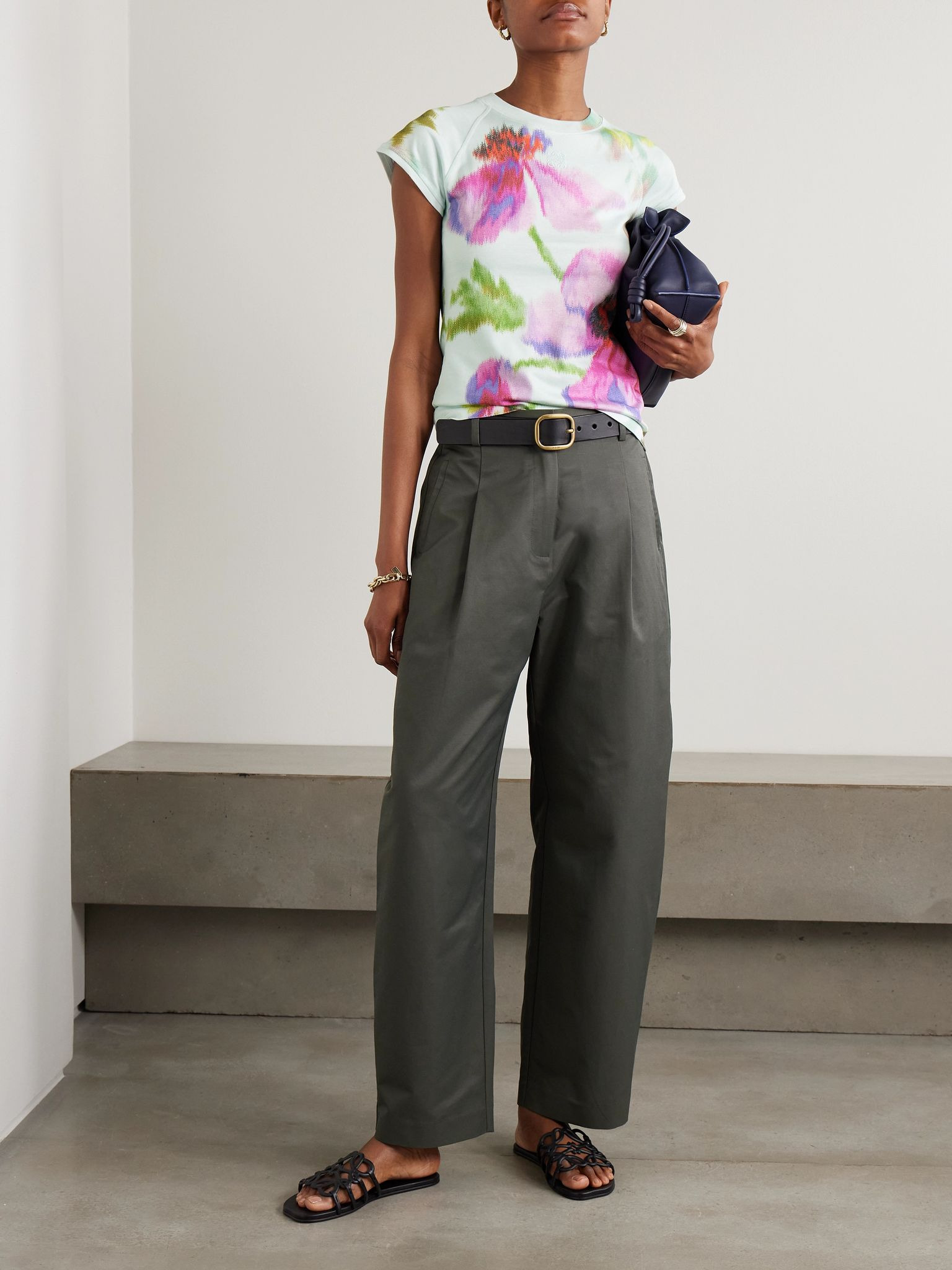 Embroidered floral-print cotton-blend jersey T-shirt White - 2