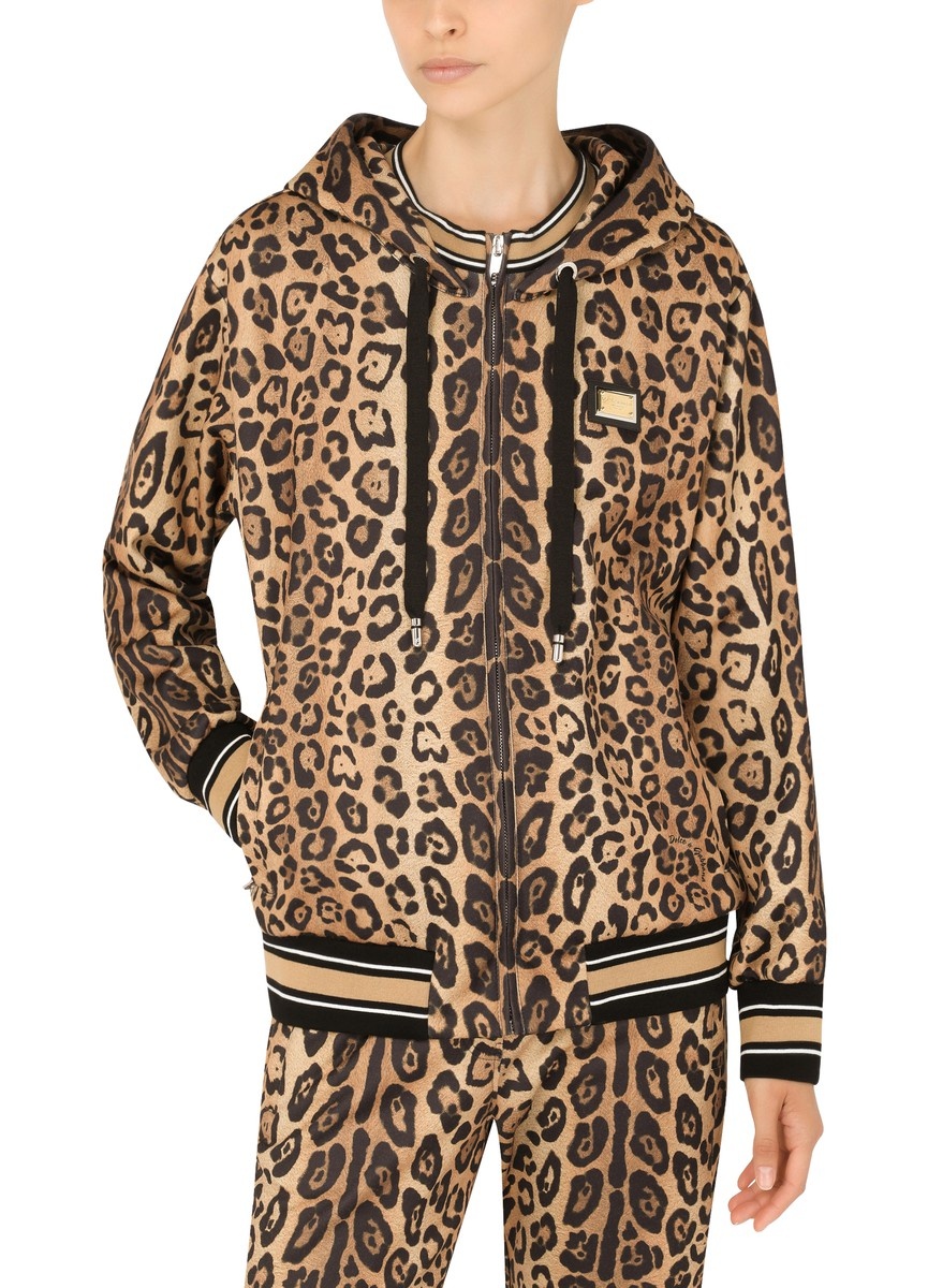 Zip-up jersey hoodie with leopard print - 6