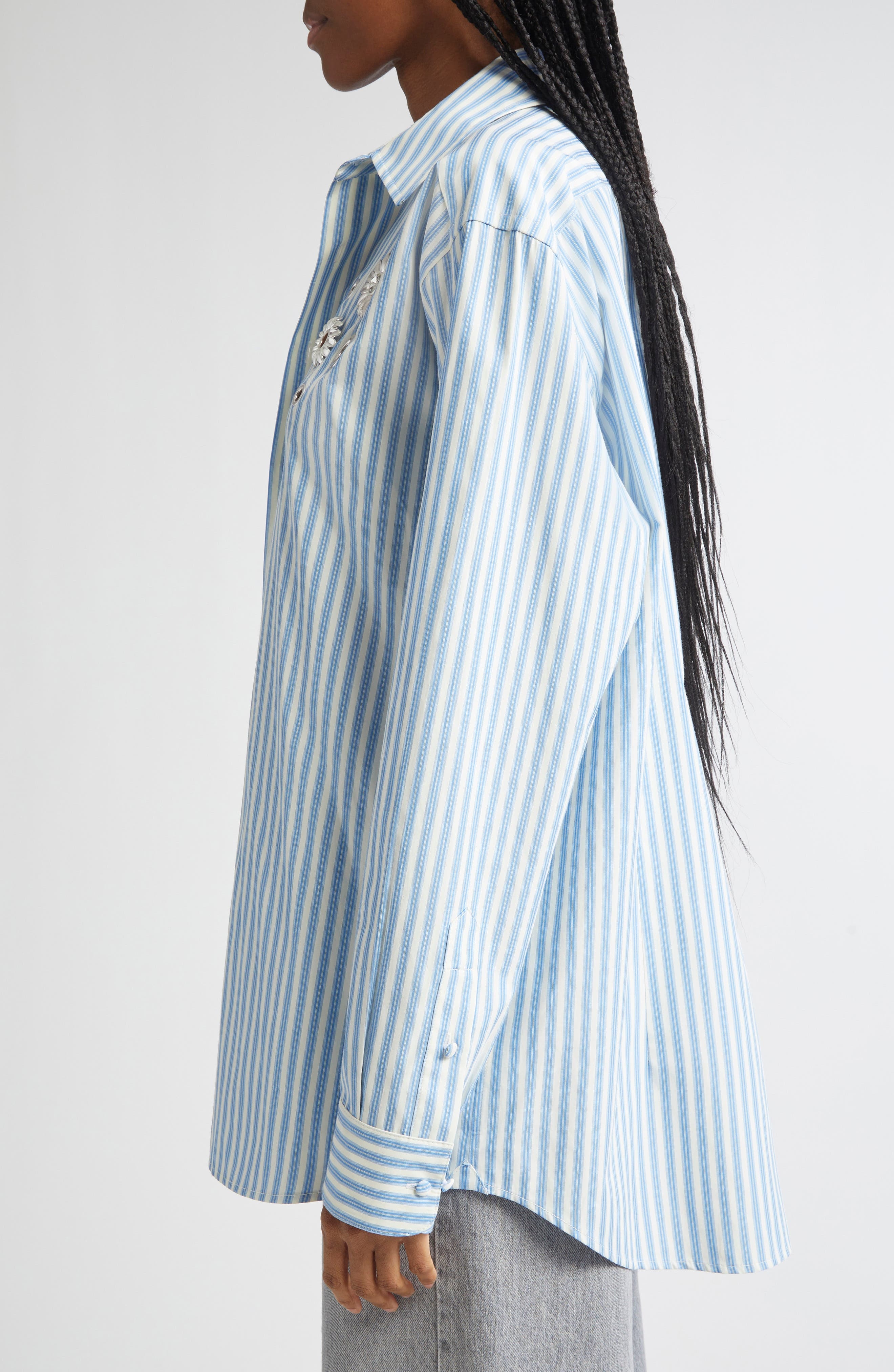 Area Crystal Embellished & Grommet Stripe Poplin Button-Up Shirt in White/Blue at Nordstrom - 4
