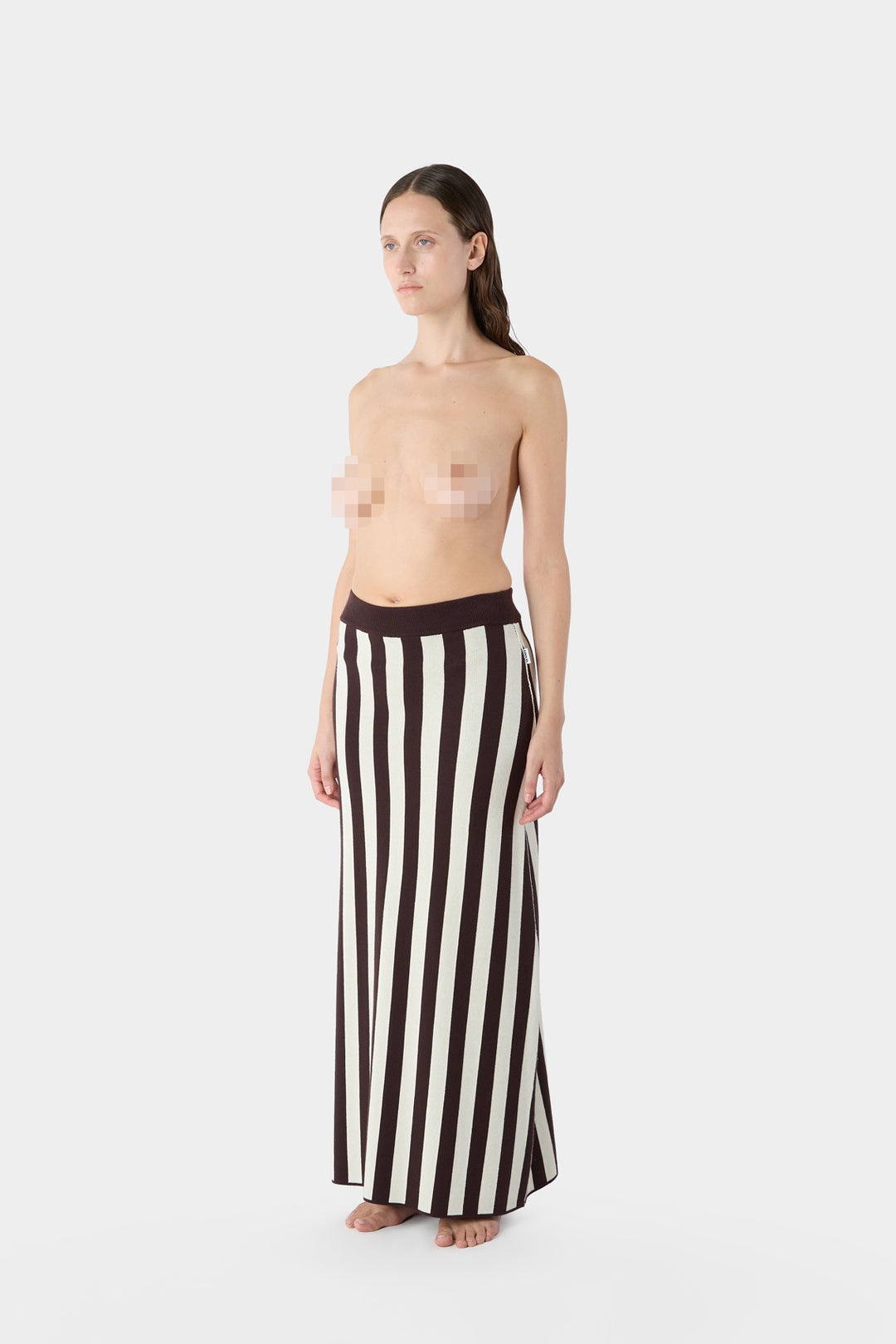 KNITTED LONG SKIRT / moka brown and cream stripes - 1