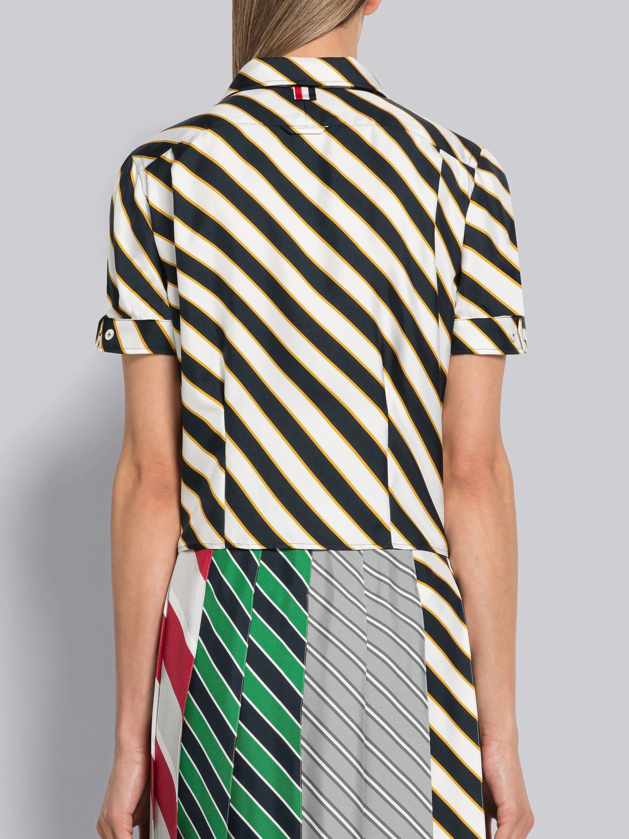 Awning Stripe Silk Twill Short Sleeve Tucked Blouse - 3