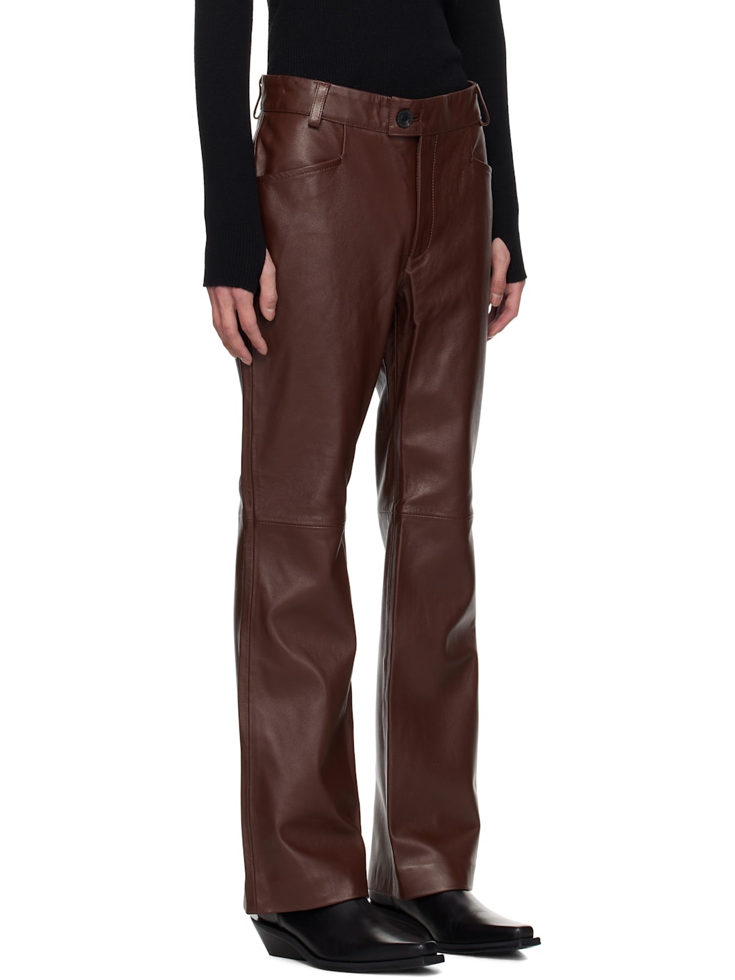 Burgundy Flare Leather Pants - 2