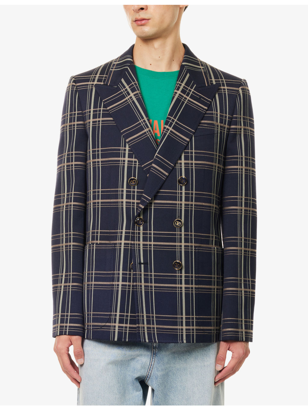 Check-Print Peak-Lapels Wool And Cotton Blazer - 3