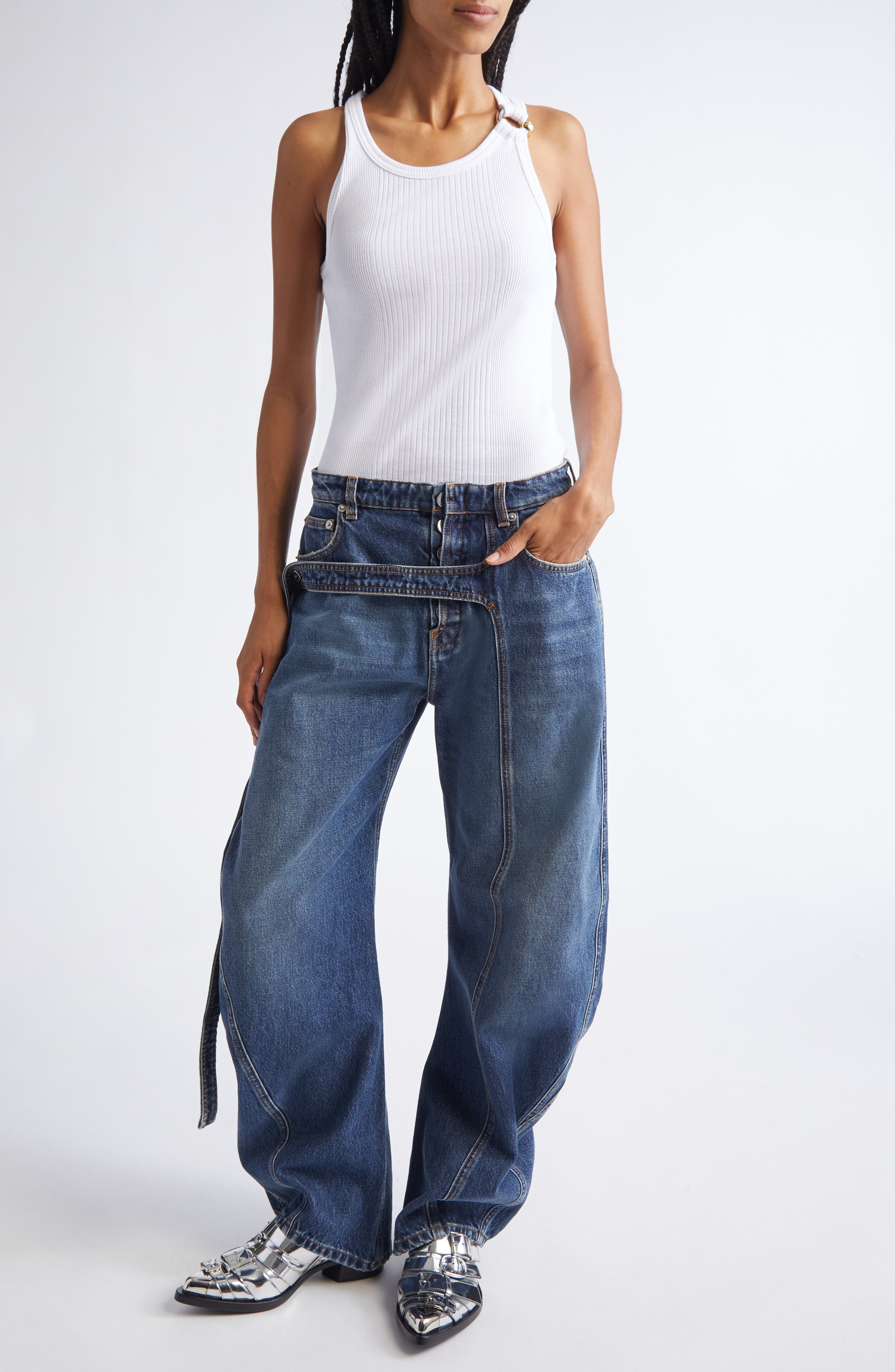 Jean Paul Gaultier Strap Detail Wide Leg Jeans in Vintage Blue at Nordstrom - 2