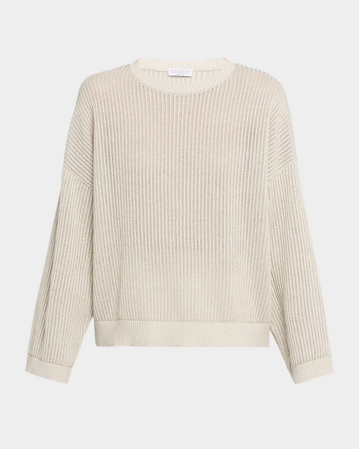 Metallic Openwork Cotton Rib Crewneck Sweater - 1