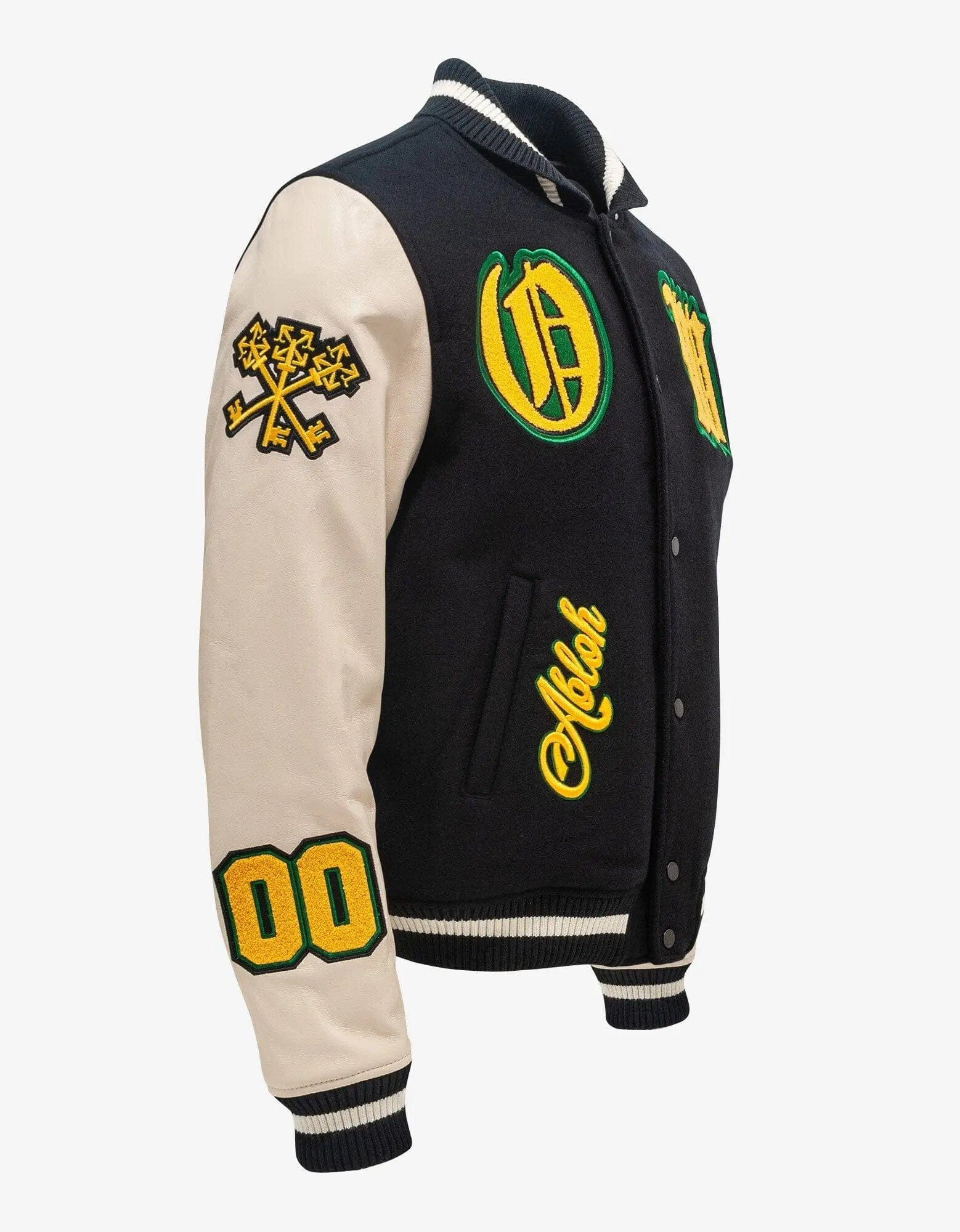 Off-White Black Graphics Leather Varsity Jacket - 10