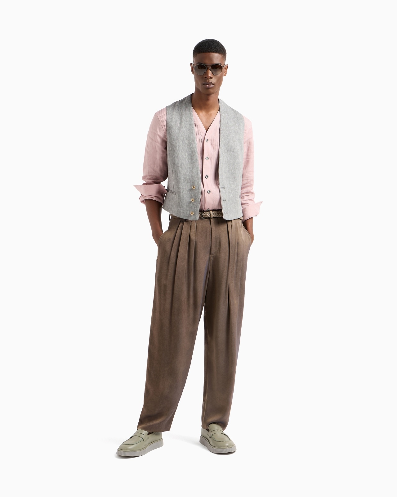 SINGLE-BREASTED WAISTCOAT IN CHEVRON LINEN AND VIRGIN WOOL - 2