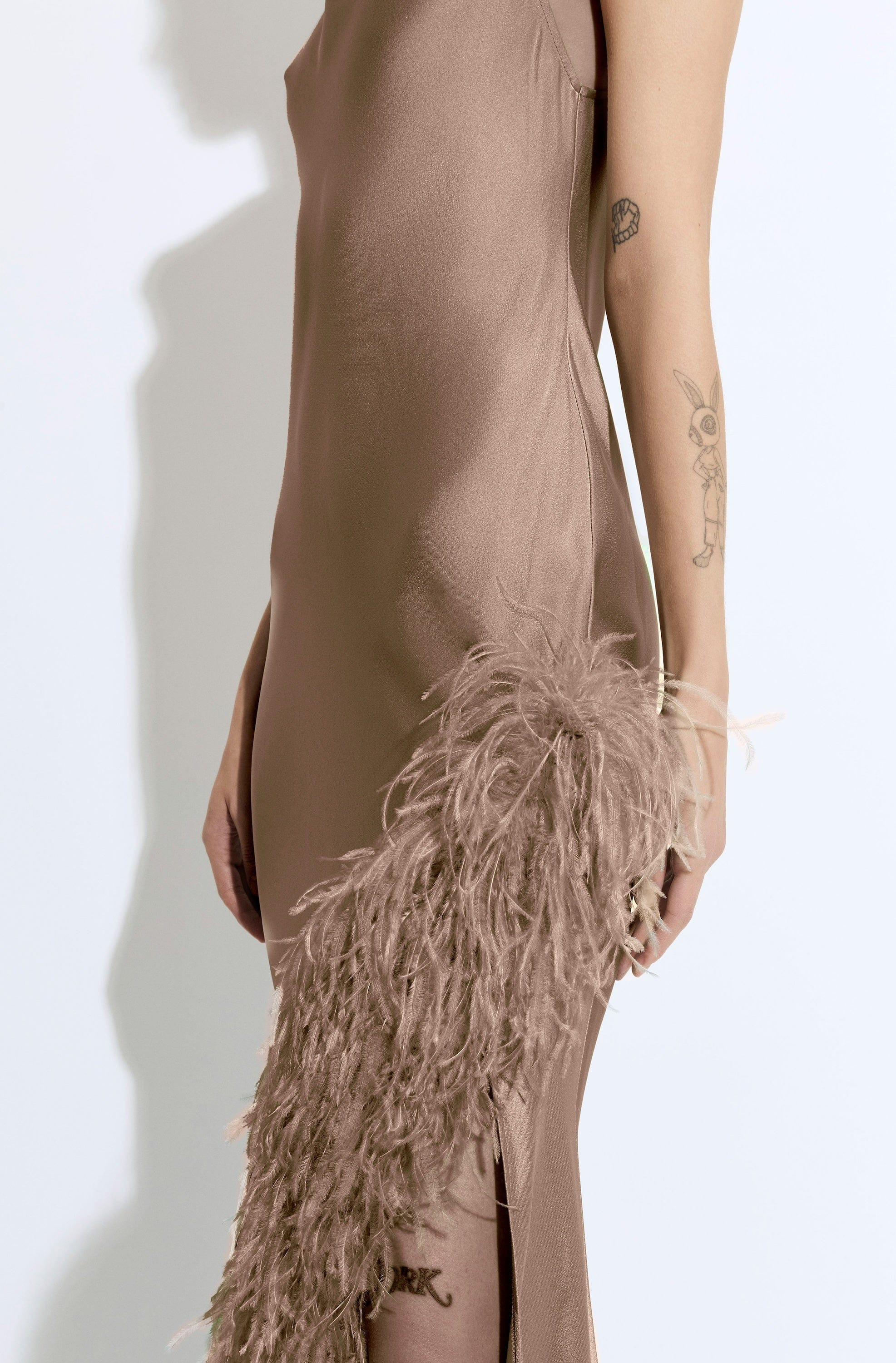 Satin Halter Gown With Feathers - 4