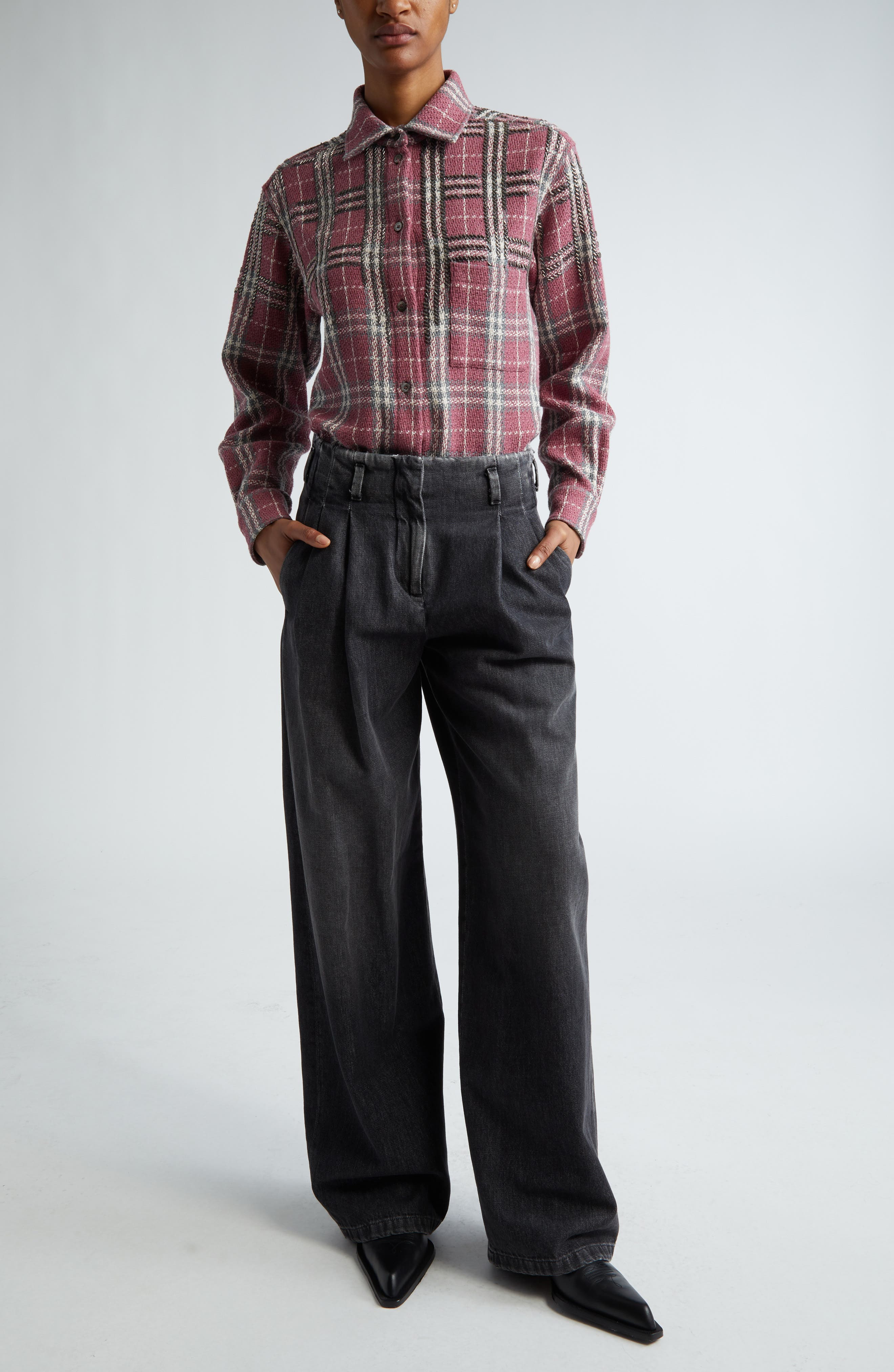 Golden Goose Journey Beaded Plaid Cotton Overshirt in Crushed Berry/Sandshell/Grey at Nordstrom - 2