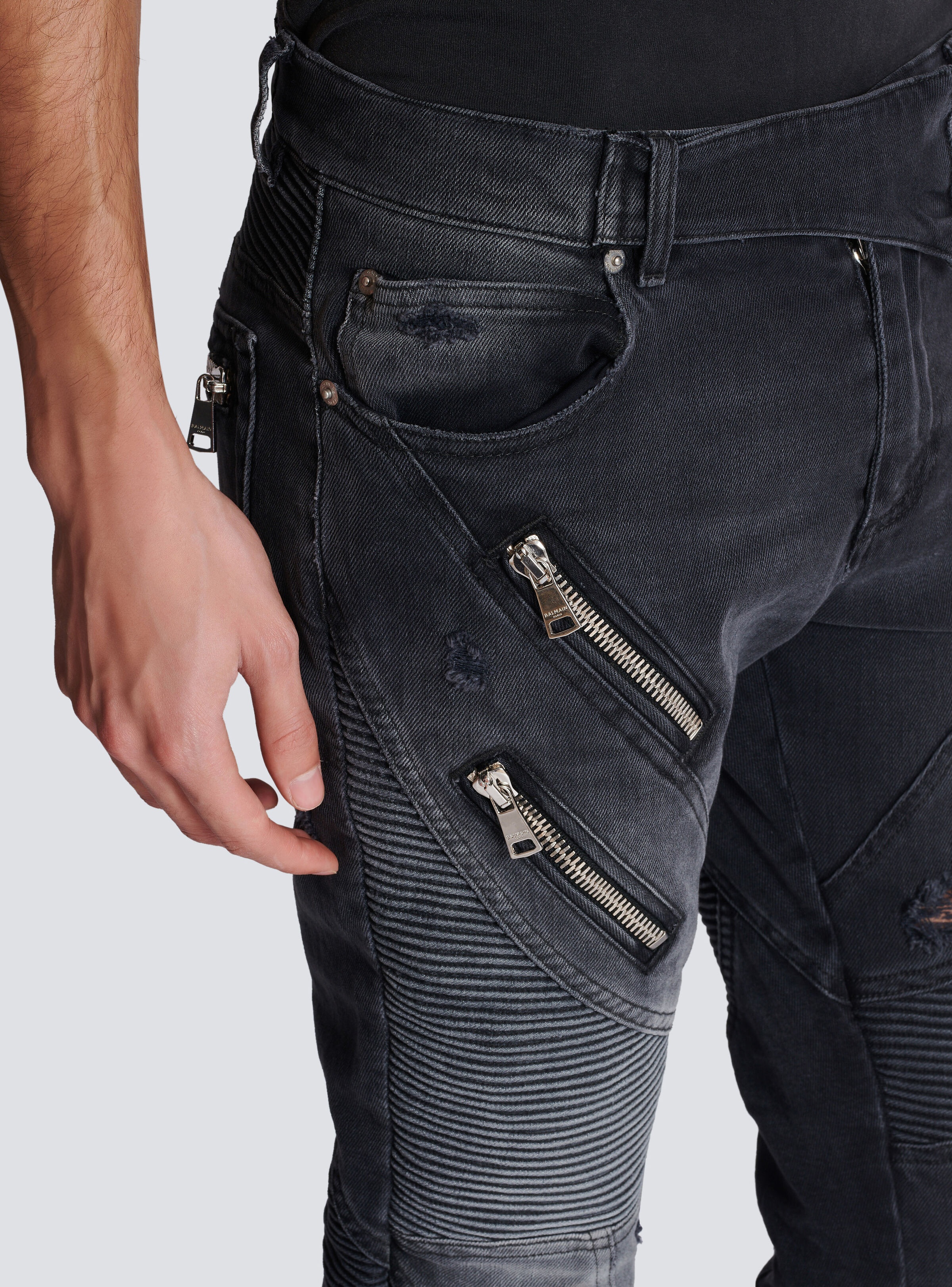 Biker jeans in faded denim - 6